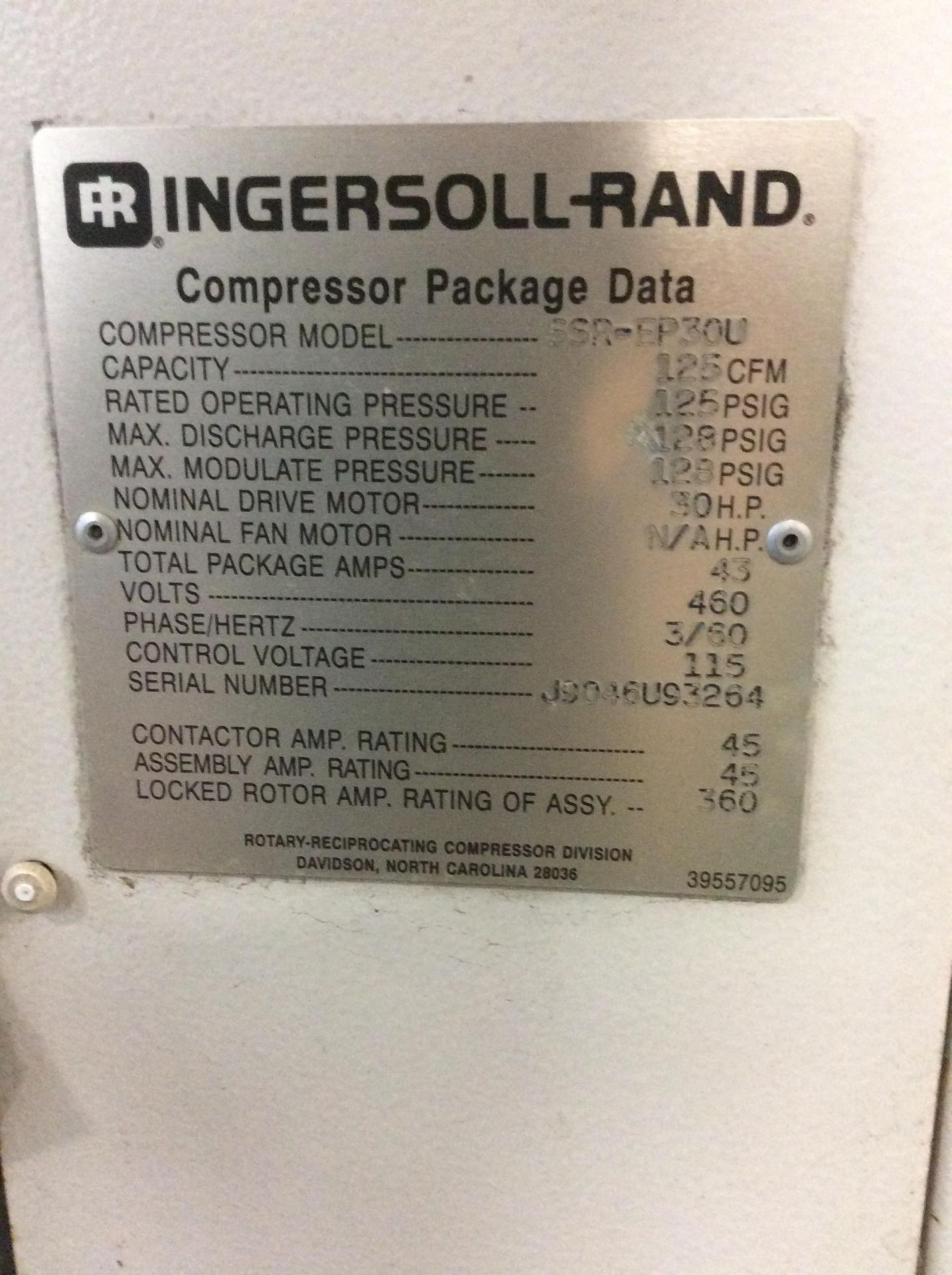 INGERSOL RAND AIR COMPRESSOR MOD. SSREP30U 30 HP 125 CFM 125 PSI - Image 3 of 7