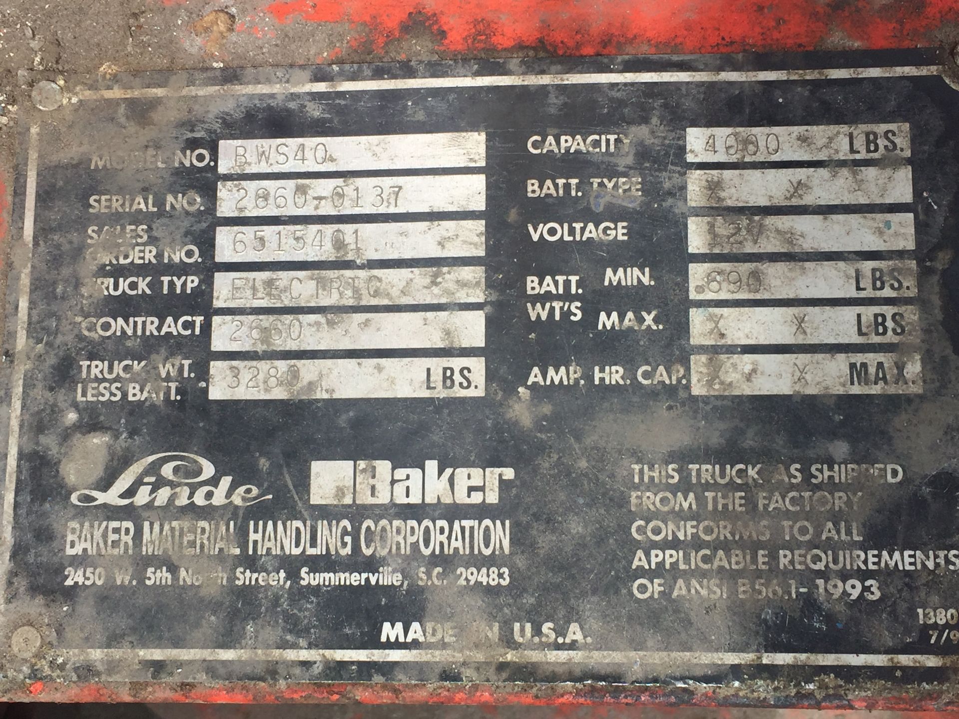 BAKER BWS40 WALK BEHIND FORKLIFT, 4,000 LB LIFT CAP. 156" MAX HEIGHT, TRIPLE STAGE MAST - Image 5 of 5