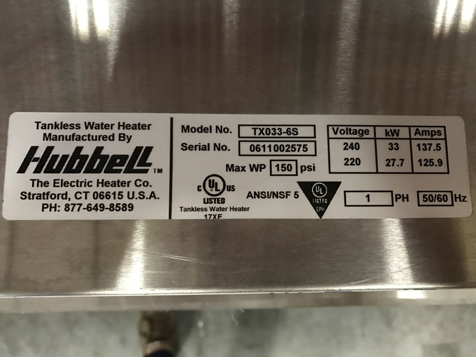 HUBBEL ELECTRIC TANKLESS WATER HEATER (NEW) - Image 3 of 3