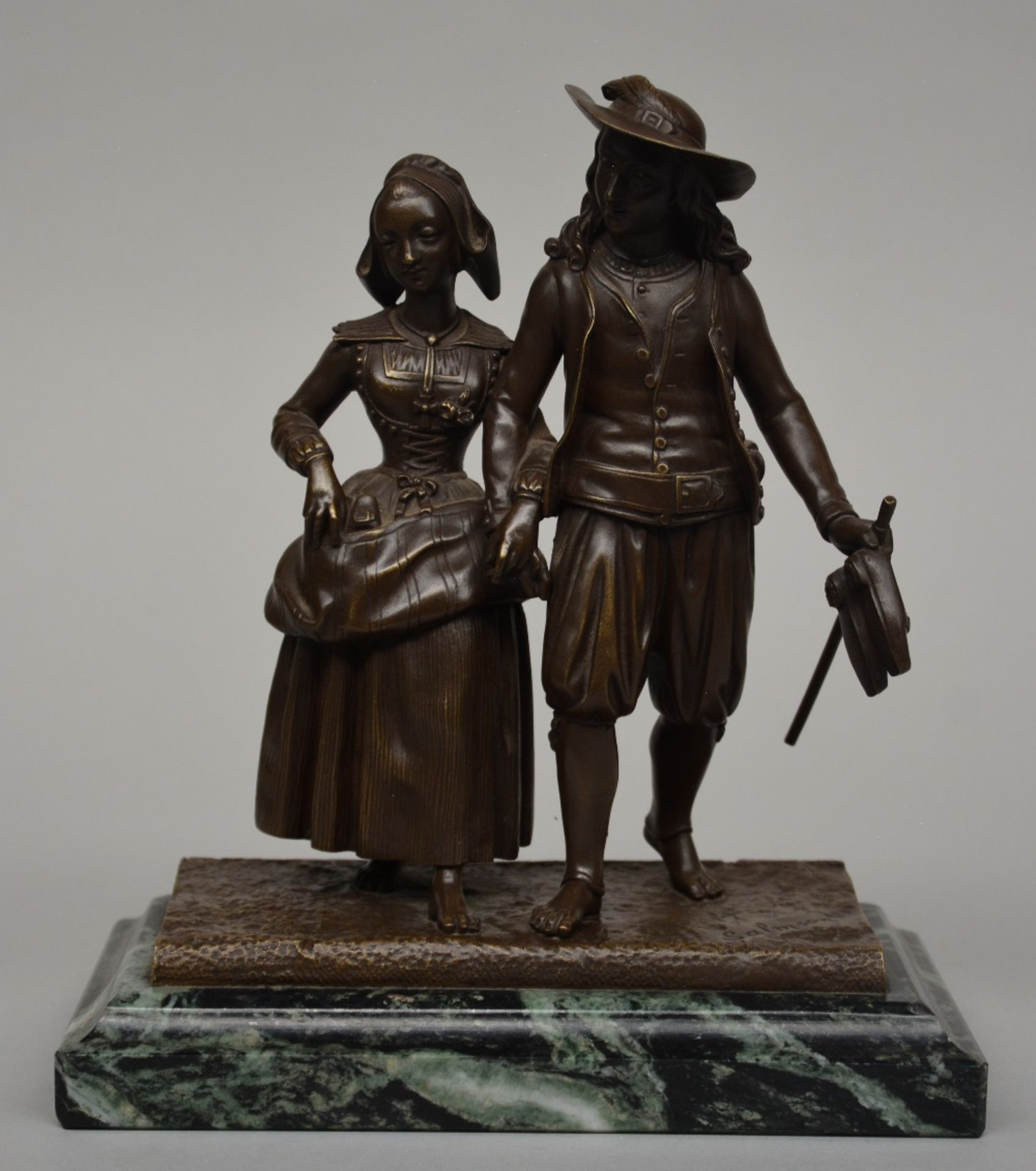 Salmson, a romantic bronze group on a marble base, H 26 cm