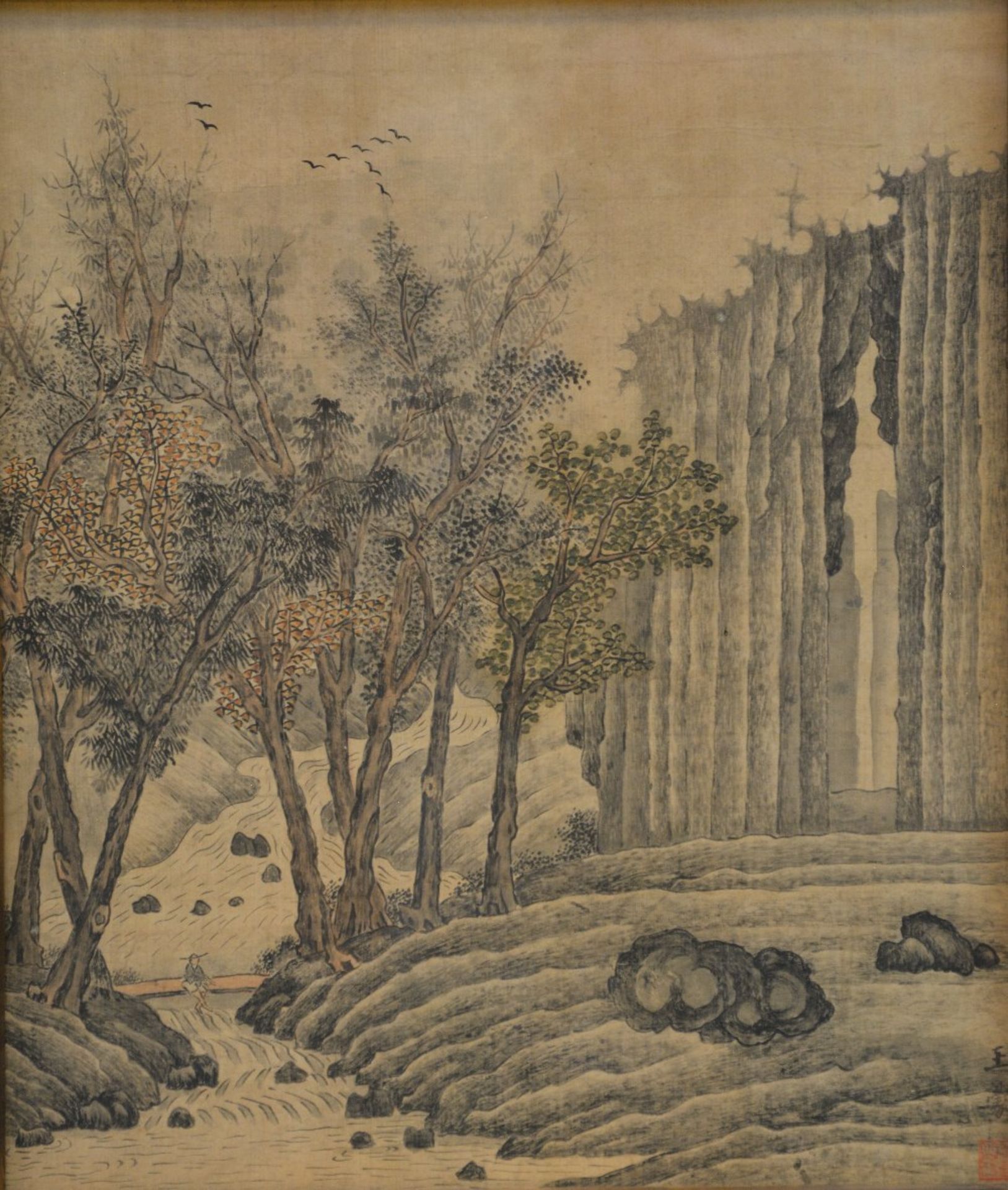 A series of four Chinese watercolours on textile, 19thC, 37 x 31,5 cm - Image 8 of 9