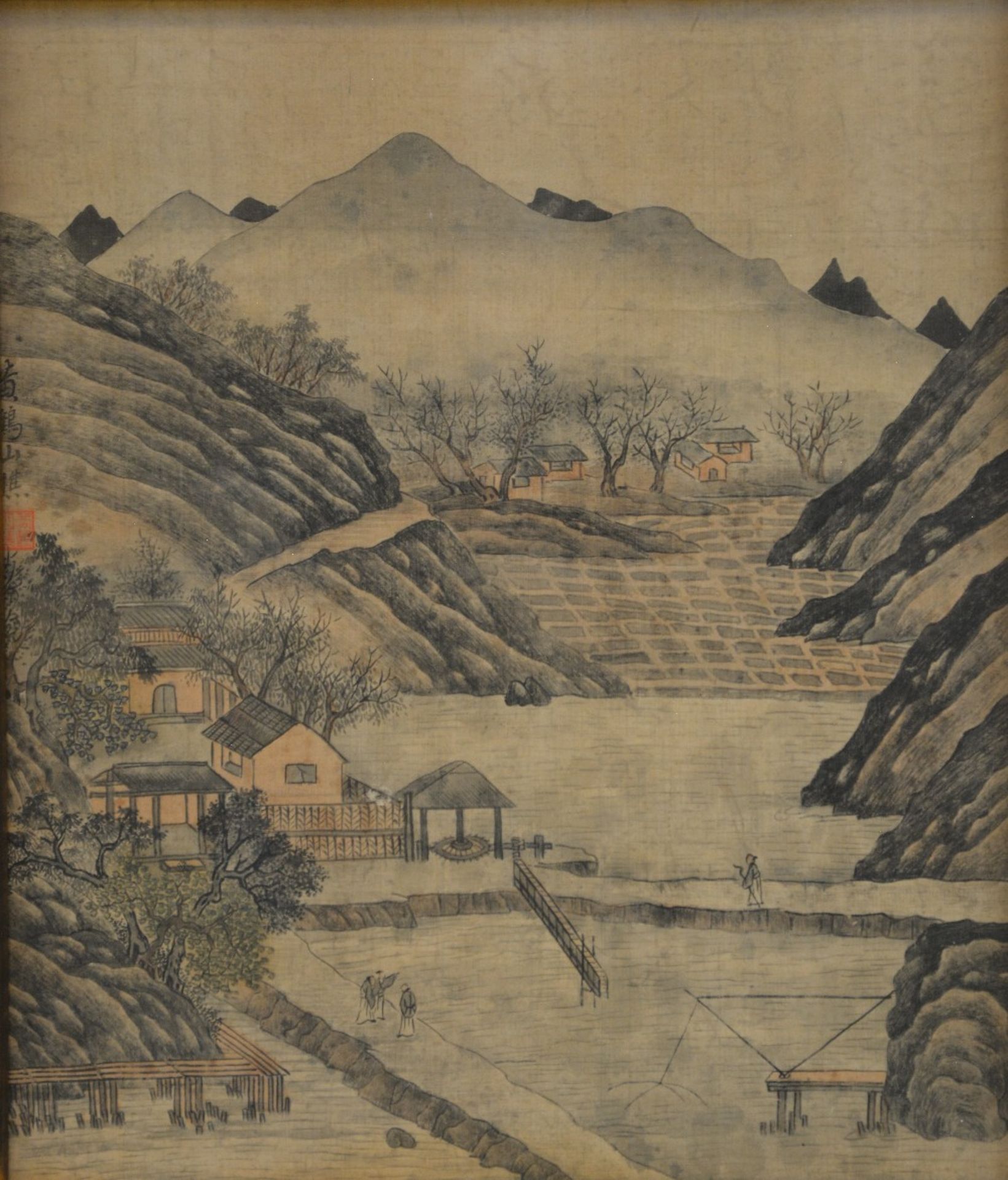 A series of four Chinese watercolours on textile, 19thC, 37 x 31,5 cm - Image 7 of 9