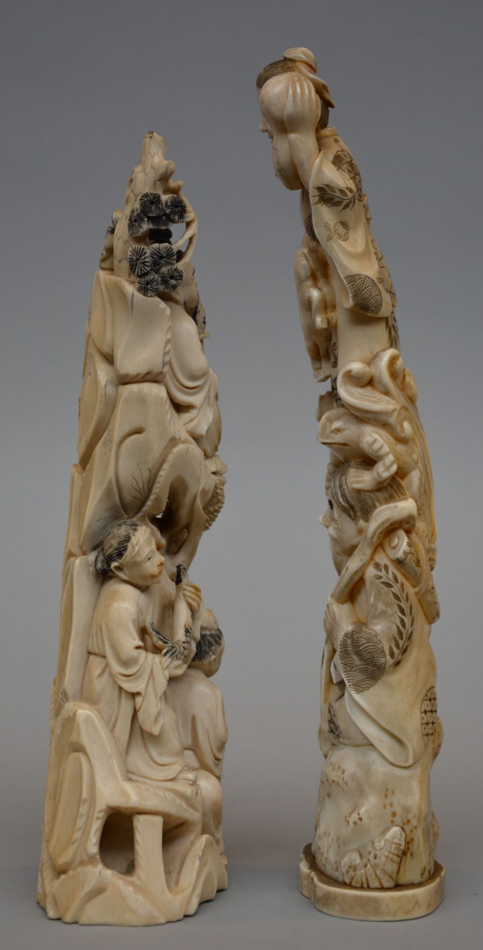 A Japanese ivory okimono depicting two mythical characters, scrimshaw decorated, Meiji period, H - Image 2 of 6