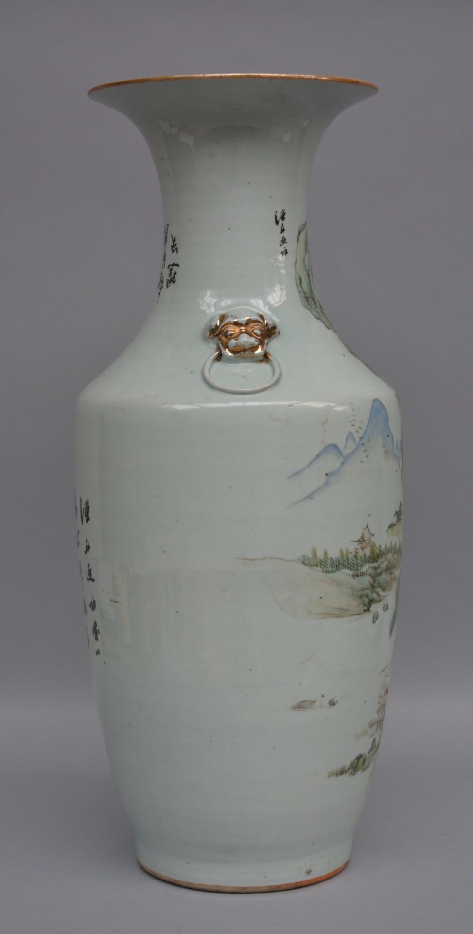 A Chinese polychrome vase, decorated with a mountain landscape, marked, 19thC, H 56 cm - Bild 4 aus 6