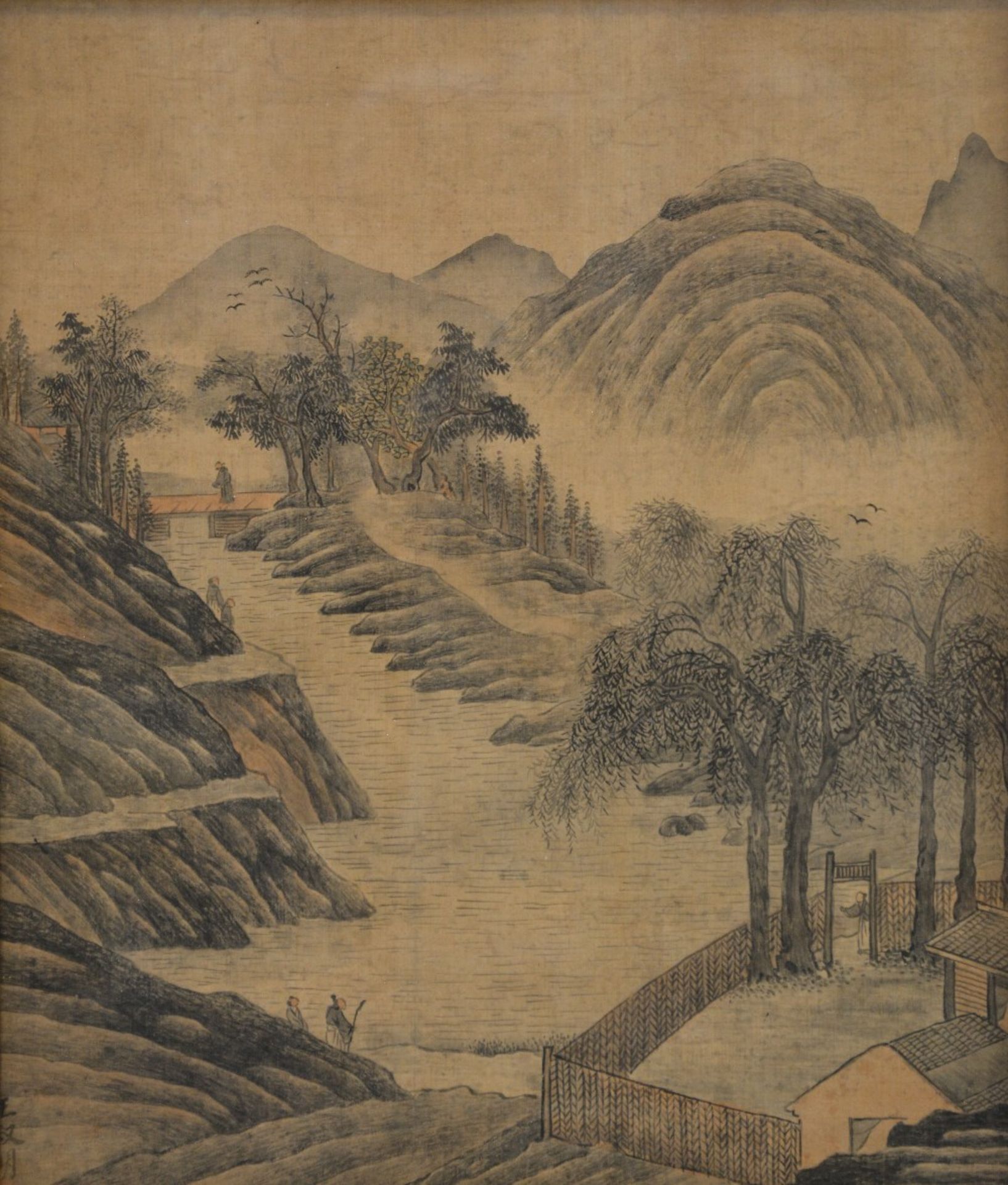 A series of four Chinese watercolours on textile, 19thC, 37 x 31,5 cm - Image 4 of 9