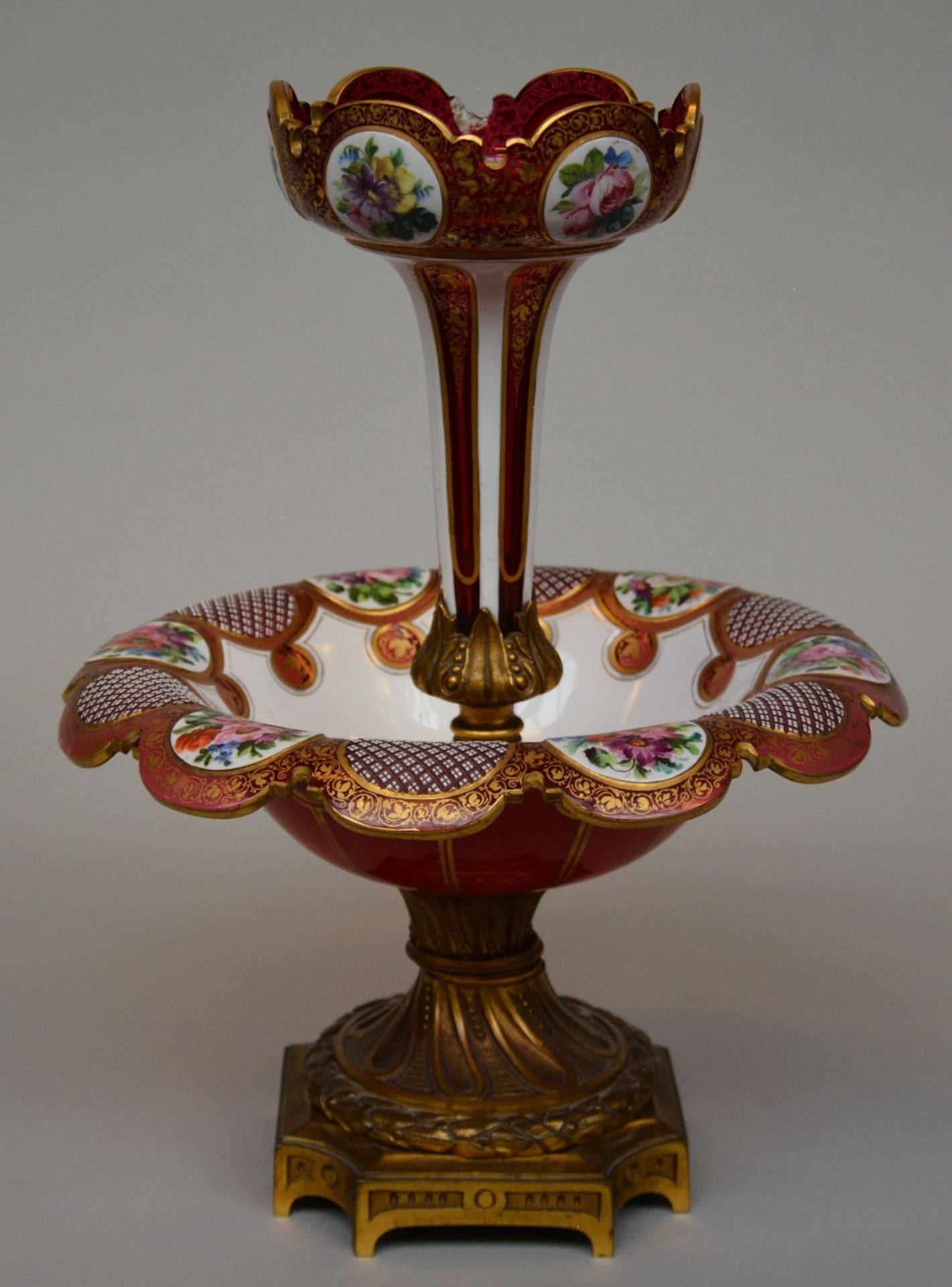 A Bohemian cameo crystal and polychrome decorated centrepiece, with gilt bronze mount, mid-19thC,