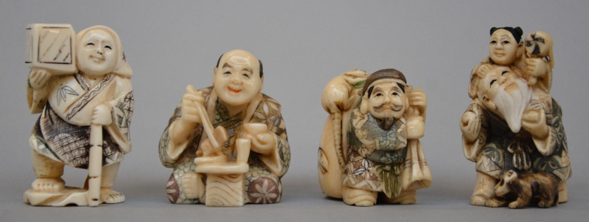 Seven ivory netsuke/okimino, scrimshaw decorated, first half of 20thC, H 5,2 - 4,1 cm, Total - Image 2 of 3
