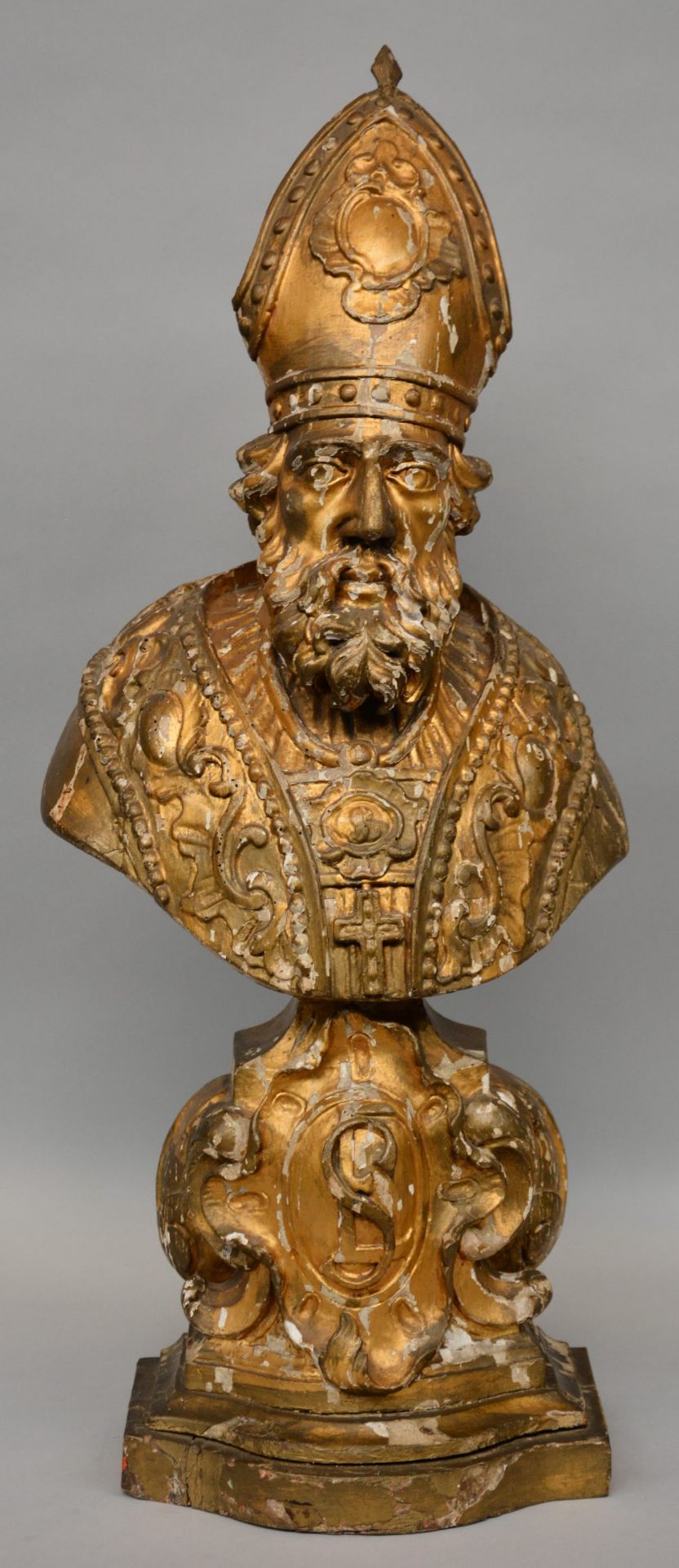 An 18thC gilt limewood bust of a saint, H 86 cm (restoration)