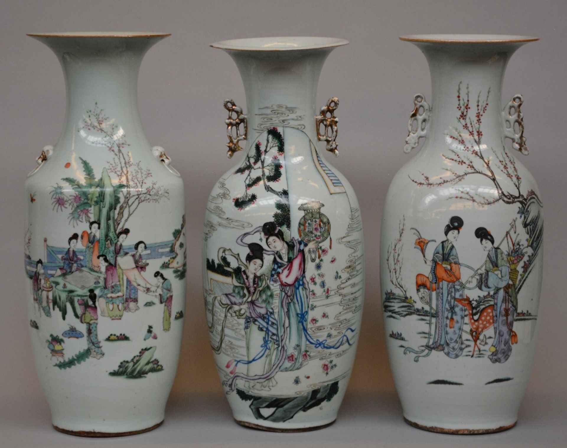 Three Chinese polychrome vases, decorated with genre scenes, H 58 - 57 cm