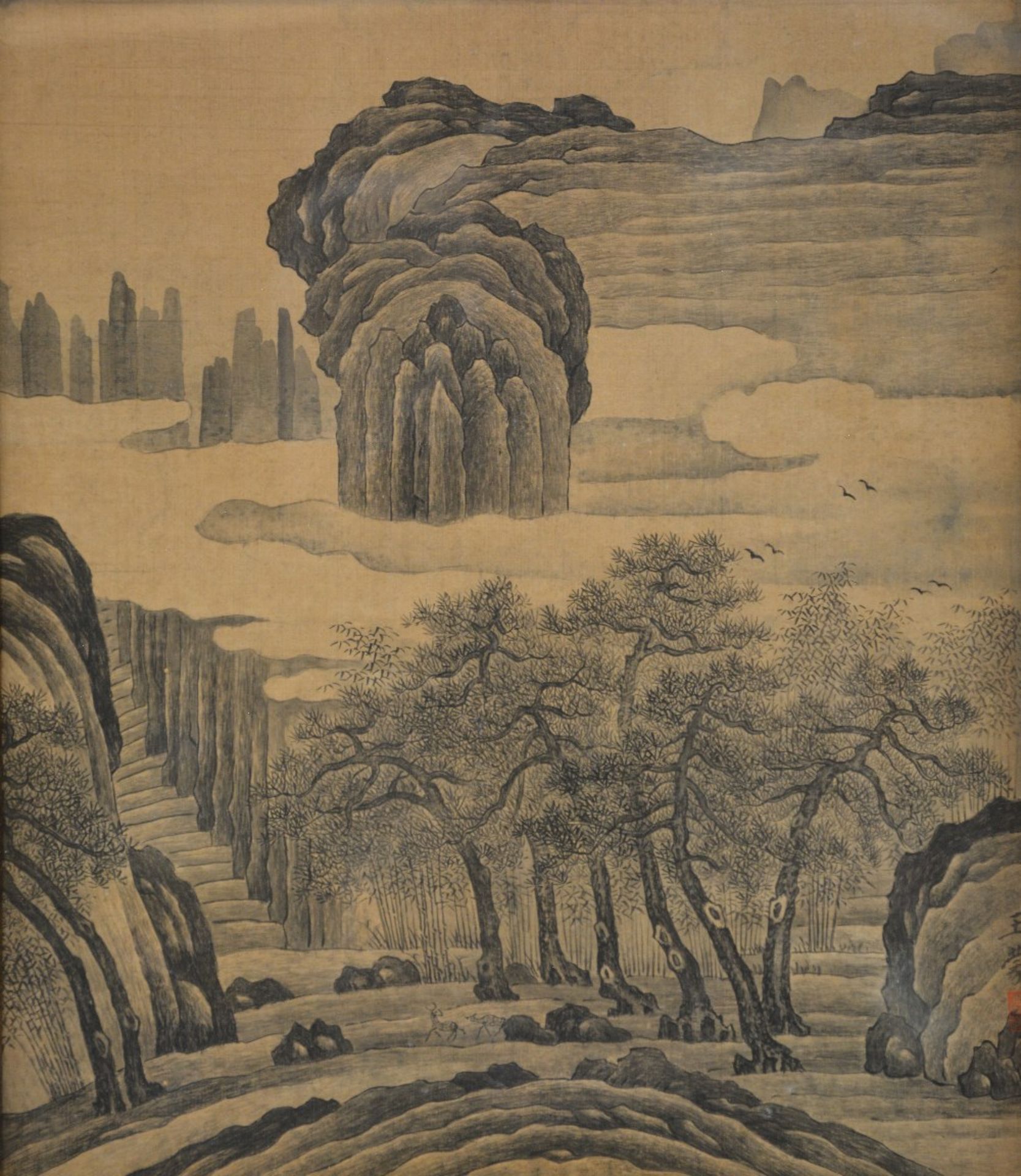 A series of four Chinese watercolours on textile, 19thC, 37 x 31,5 cm - Image 3 of 9