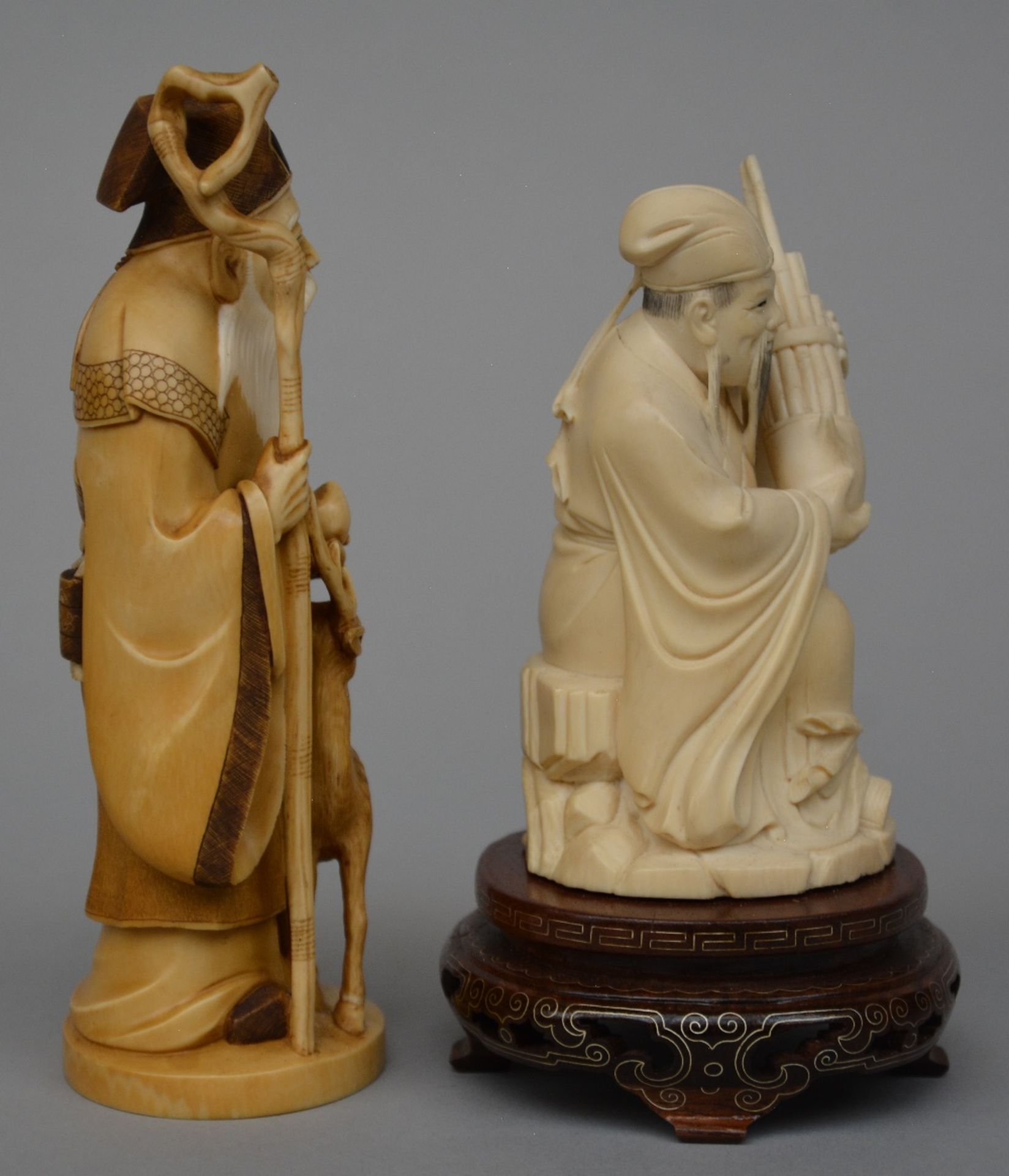 A Japanese ivory sculpture of the Old Man of the South Pole, scrimshaw decorated and tinted, late - Image 4 of 6