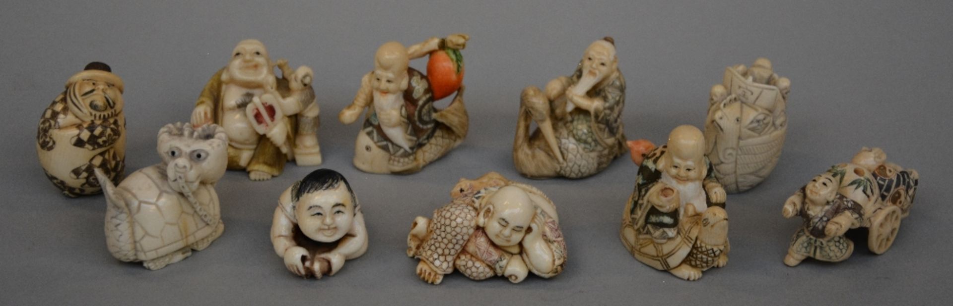 Ten ivory netsuke/okimono, scrimshaw decorated, first half of 20thC, H 4,7 - 2,6 cm, Total weight