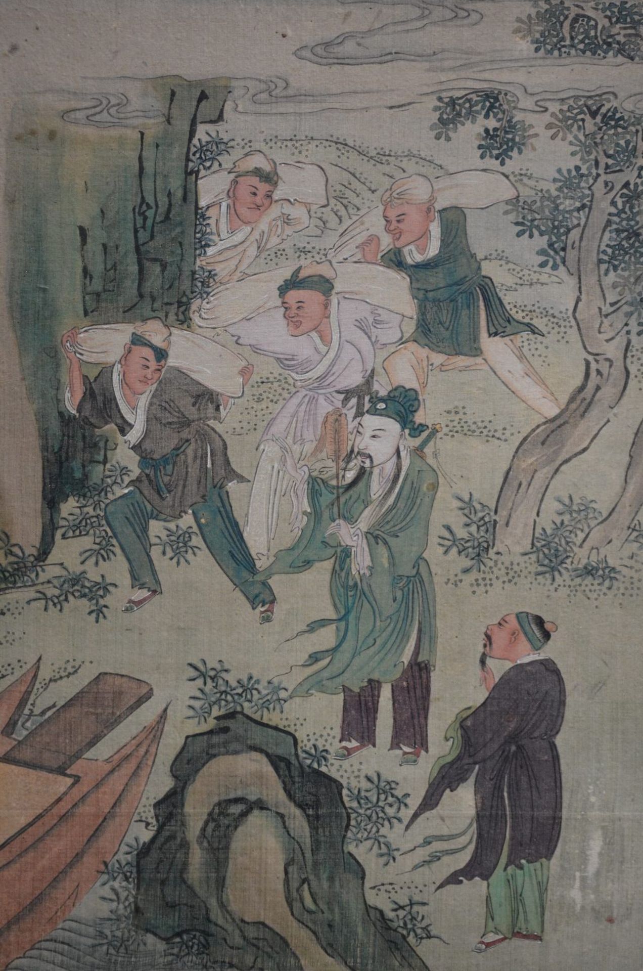 Four Chinese watercolours on textile depicting animated scenes from daily life, 19thC, 35,5 x 52,5 - - Image 3 of 5