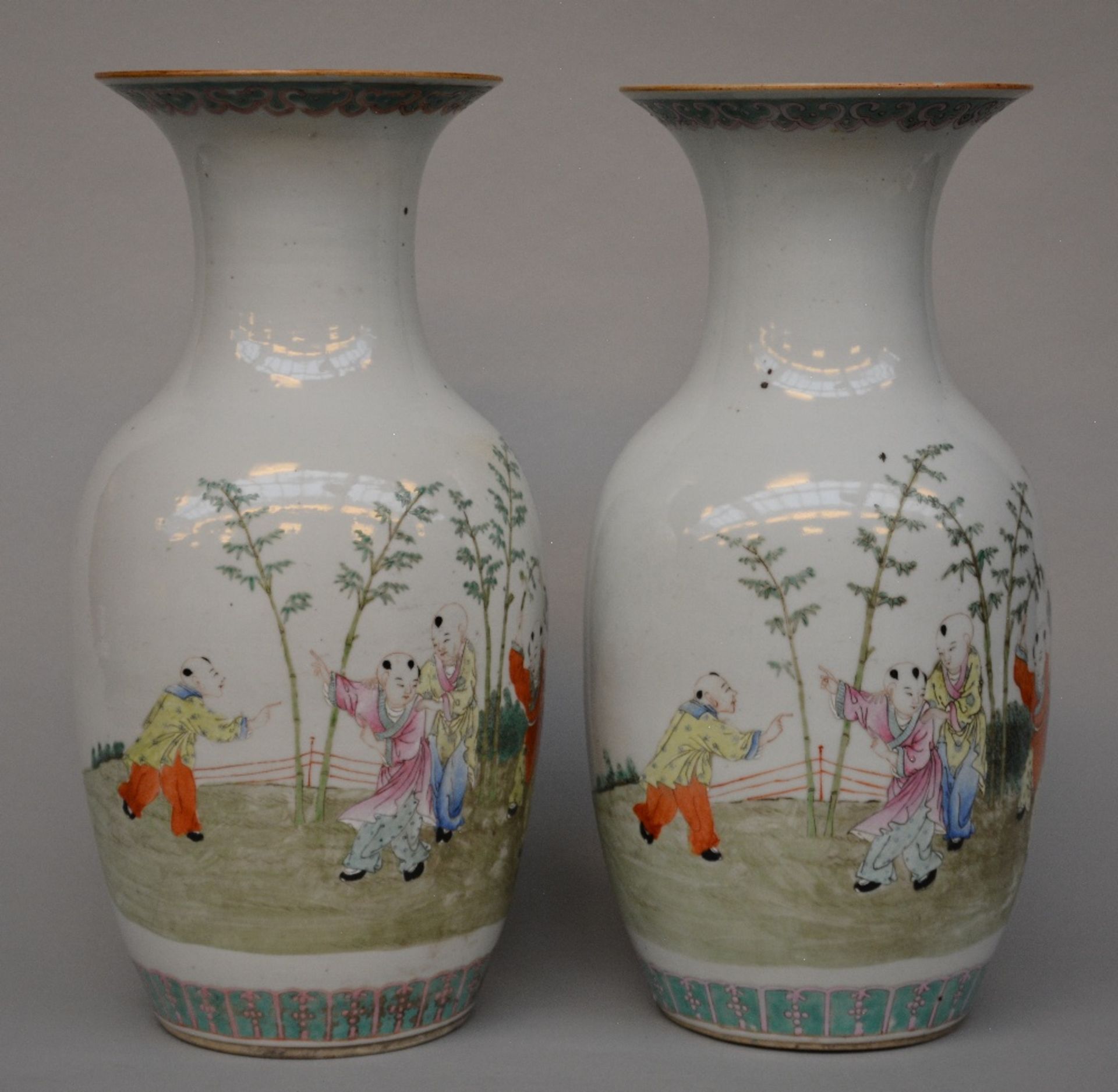 A pair of Chinese polychrome decorated vases depicting children playing in a garden, marked, - Bild 4 aus 7