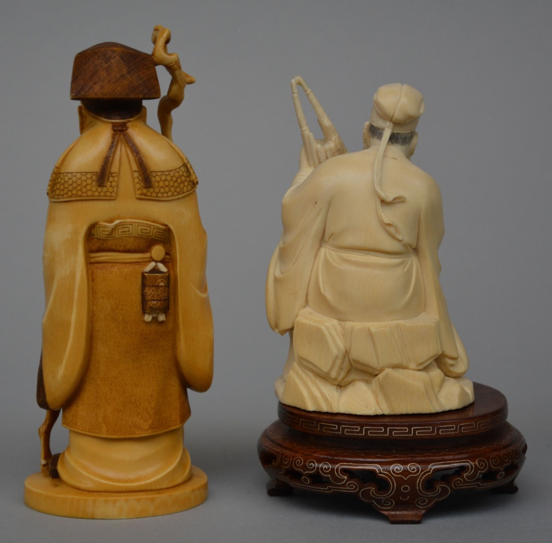 A Japanese ivory sculpture of the Old Man of the South Pole, scrimshaw decorated and tinted, late - Image 3 of 6