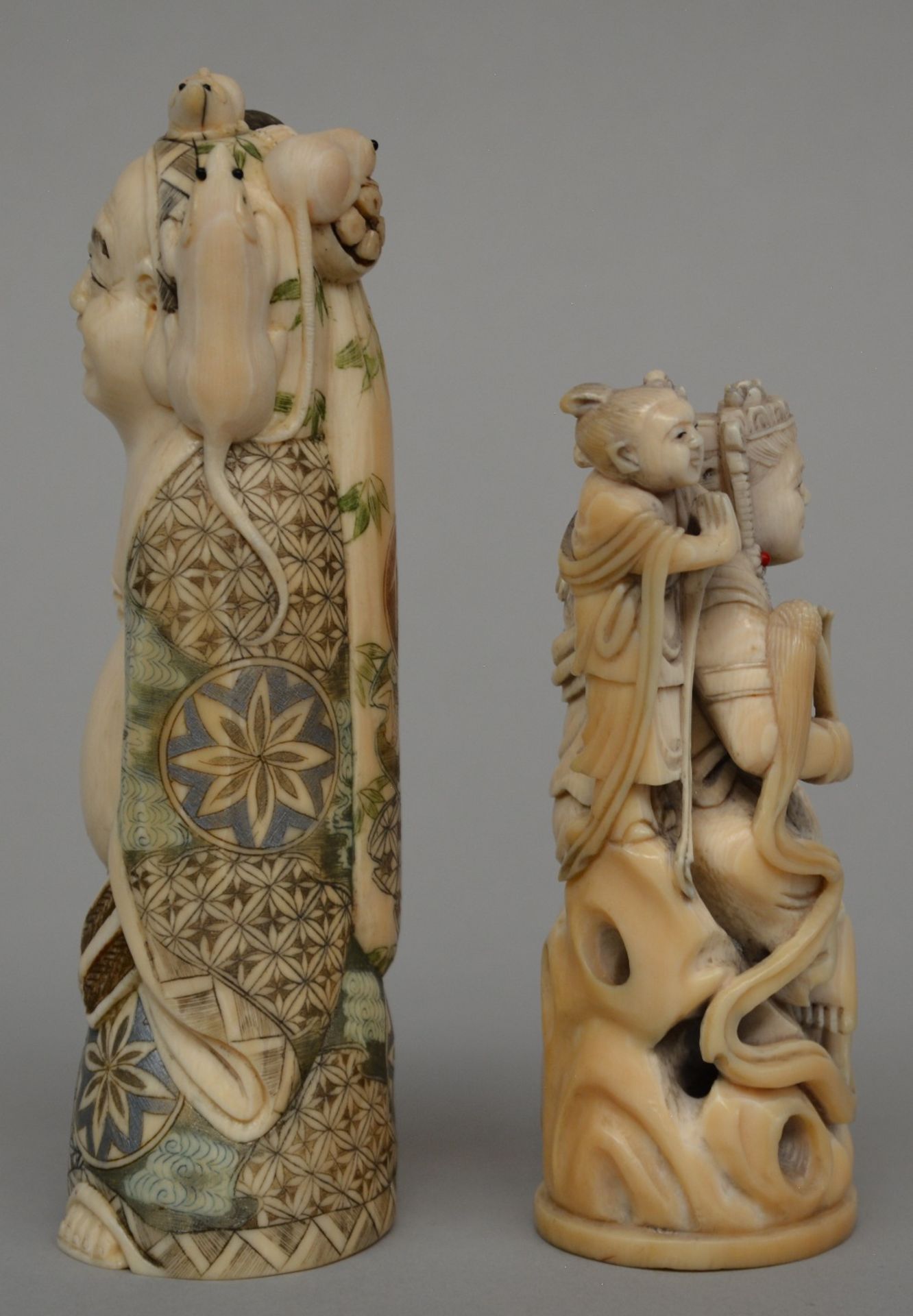 A Japanese ivory sculpture of a mythological figure, scrimshaw decorated, late Meiji period, H 16, - Image 4 of 6