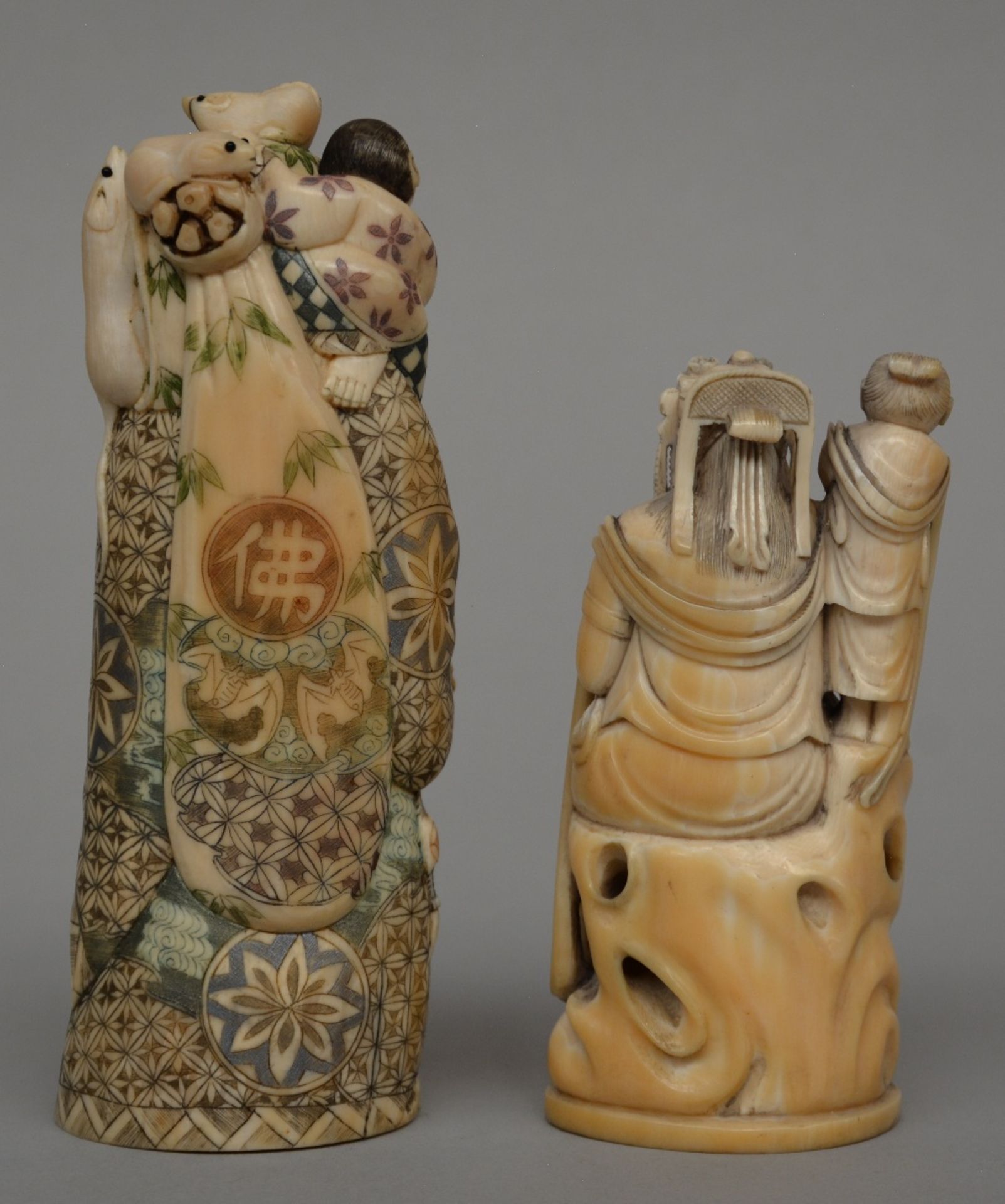 A Japanese ivory sculpture of a mythological figure, scrimshaw decorated, late Meiji period, H 16, - Image 3 of 6