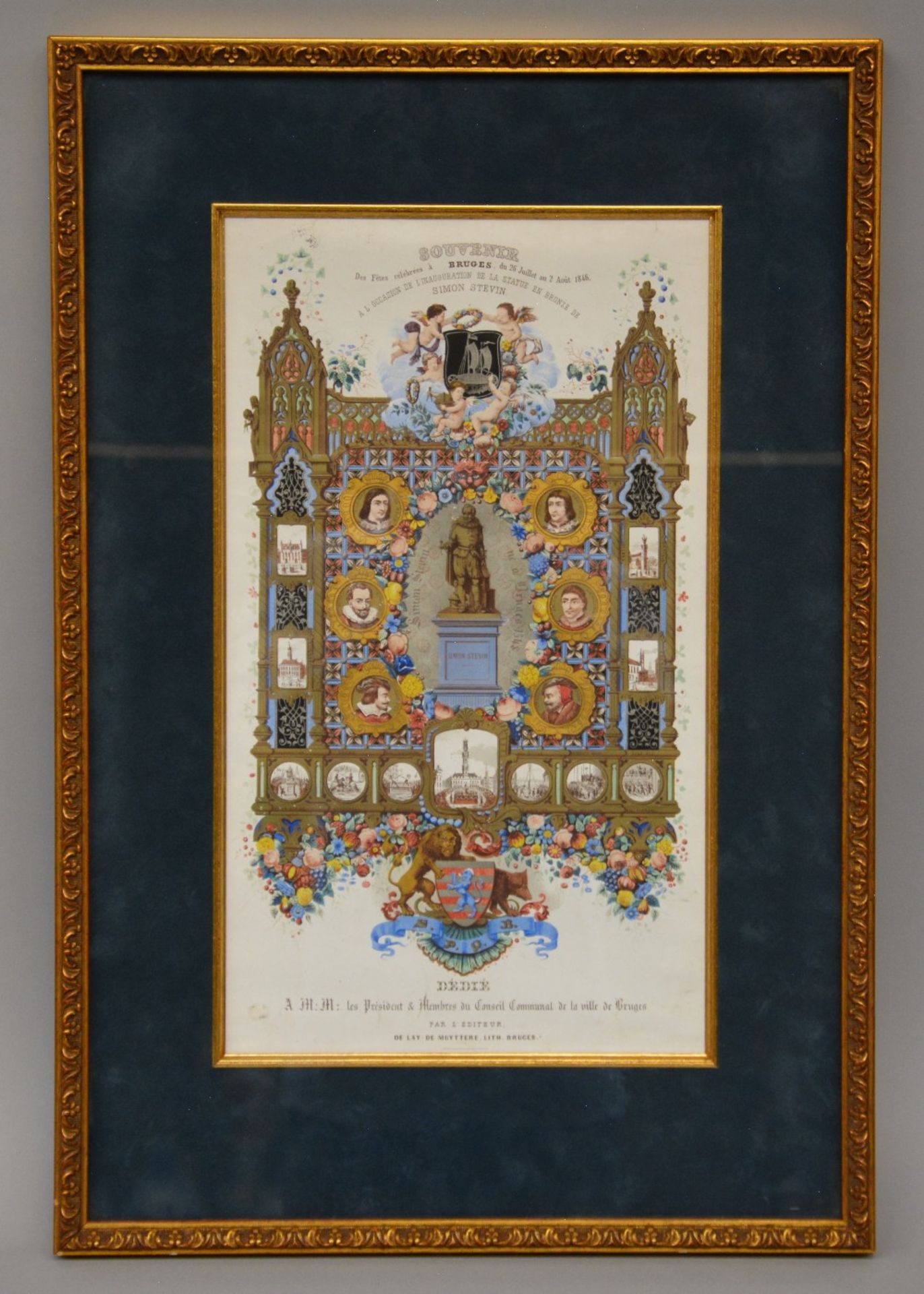 A coloured porcelain card, commemorating the inauguration of the Simon Stevin monument in Bruges