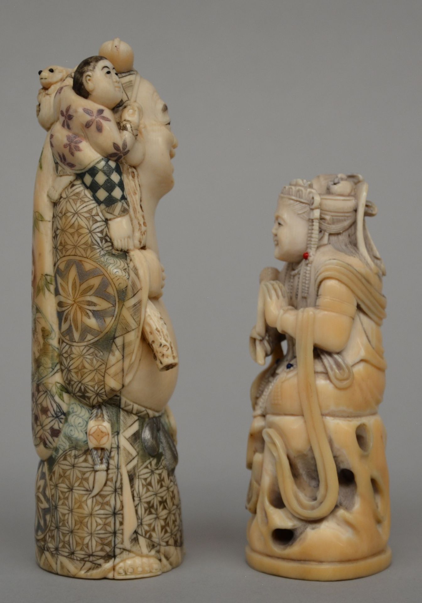 A Japanese ivory sculpture of a mythological figure, scrimshaw decorated, late Meiji period, H 16, - Image 2 of 6