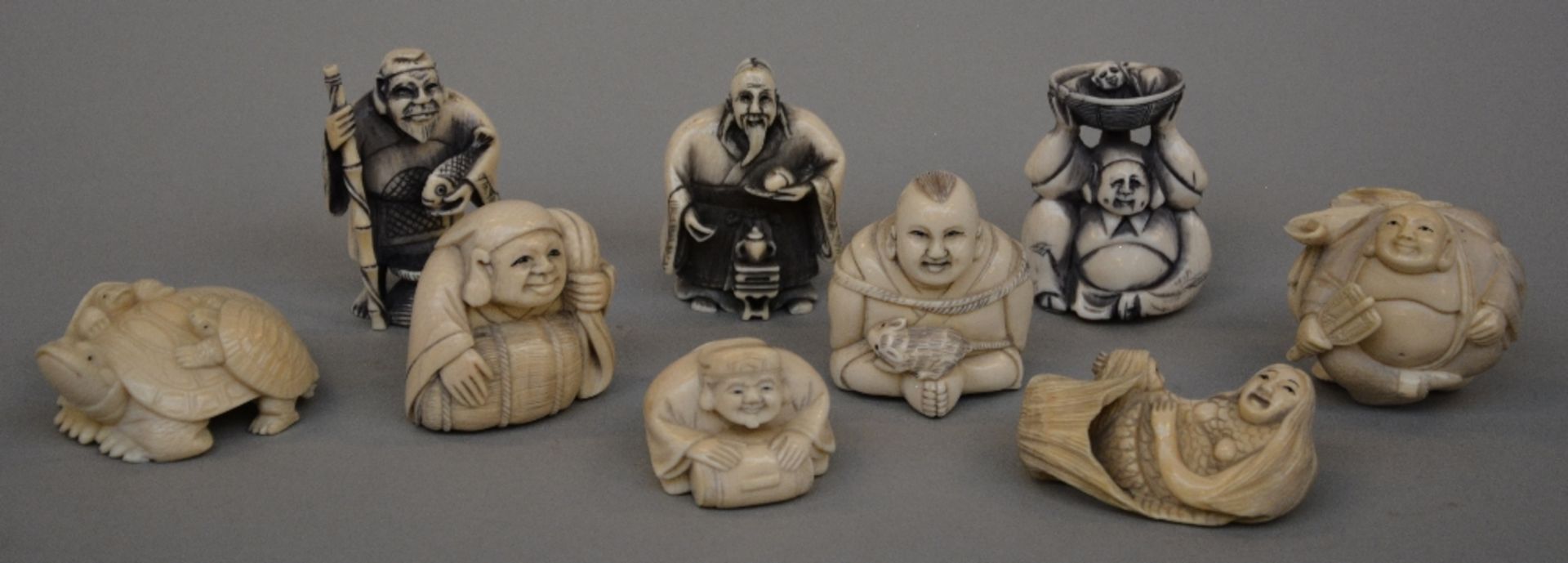 Nine Japanese ivory netsuke, first half of 20thC, H 5,4 - 2,2 cm, Total weight 350 g