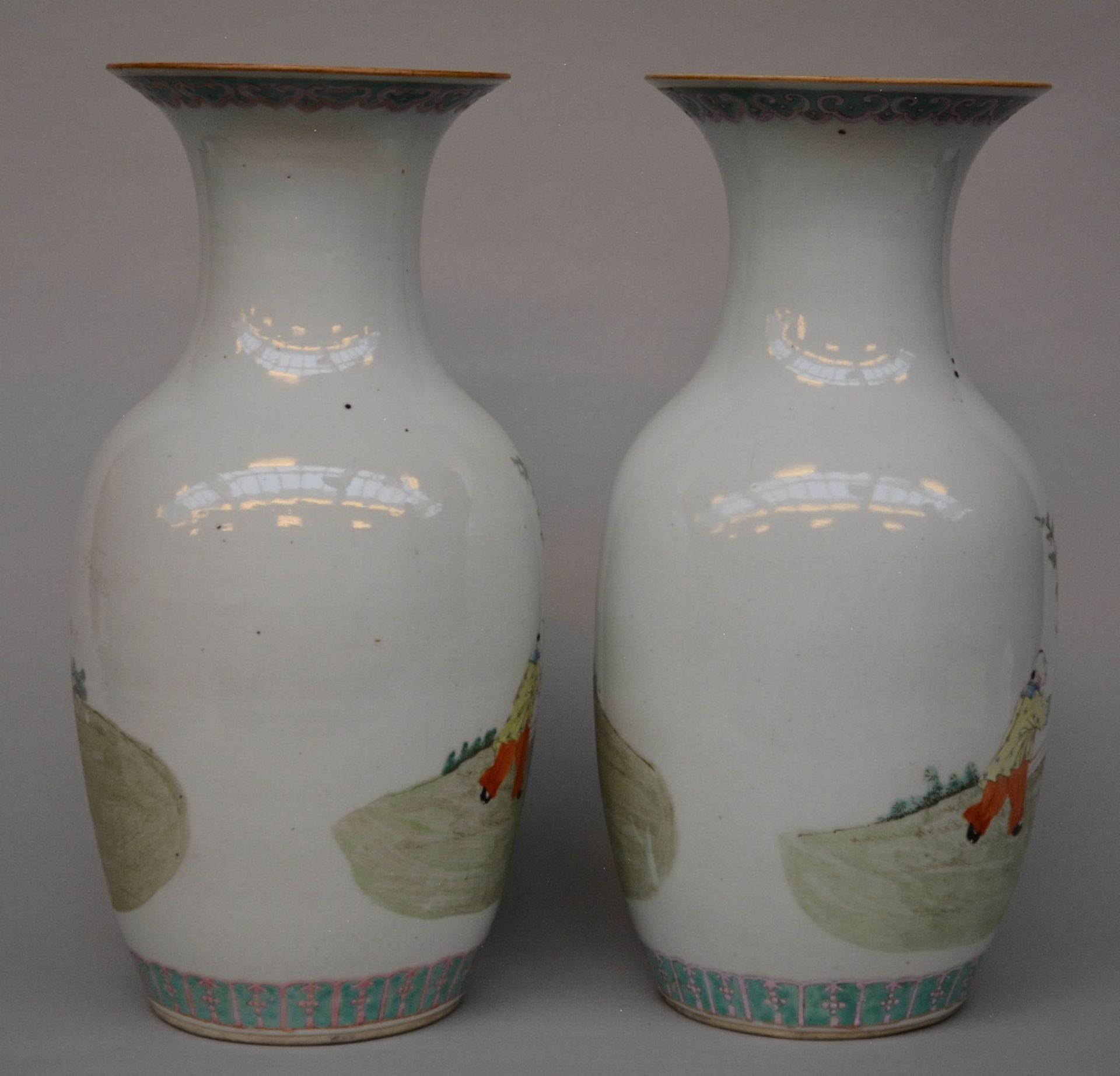 A pair of Chinese polychrome decorated vases depicting children playing in a garden, marked, - Bild 3 aus 7