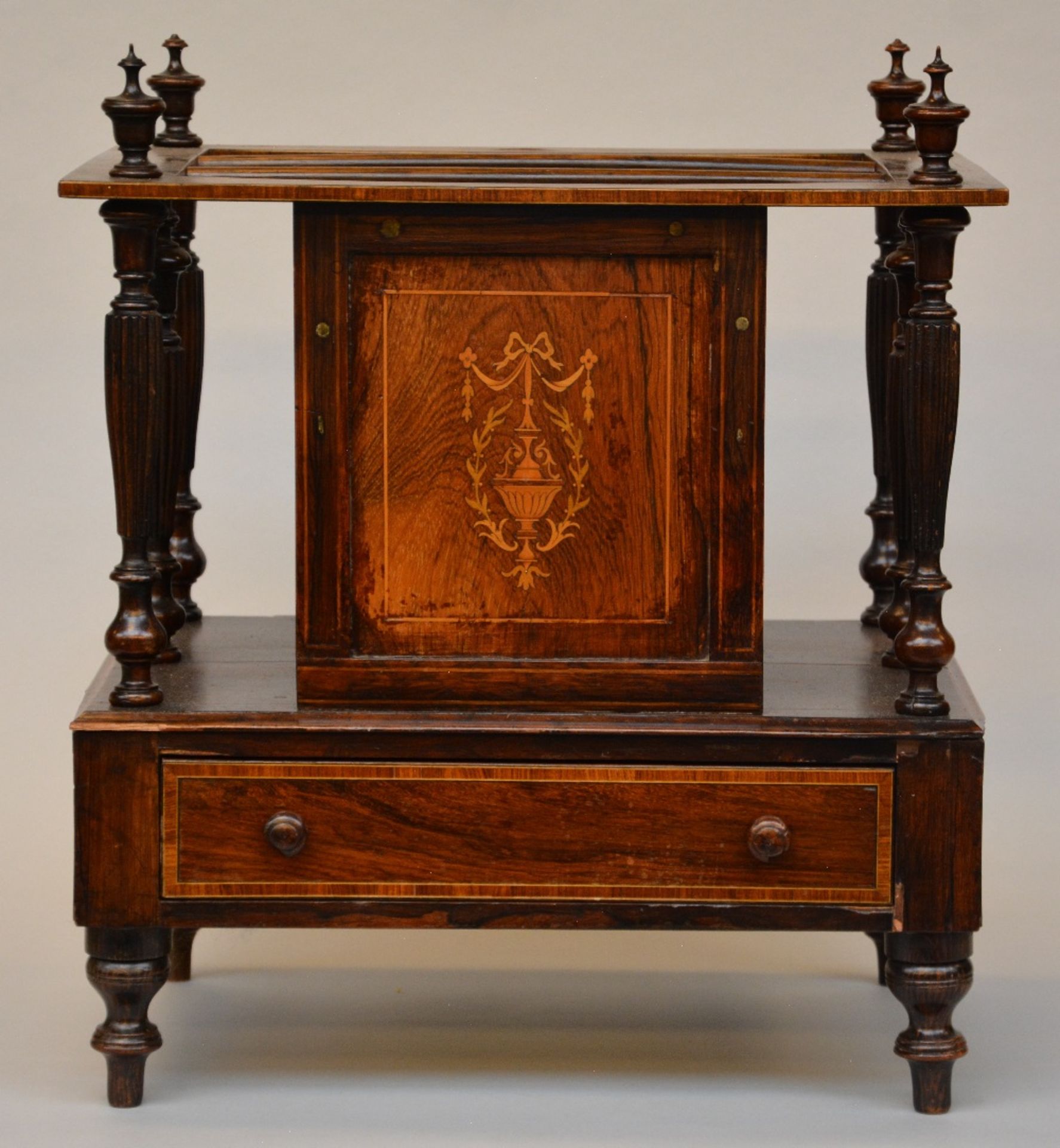 A 19thC rosewood and marquetry Canterbury, H 58,5 - W 49,5 - D 38 cm