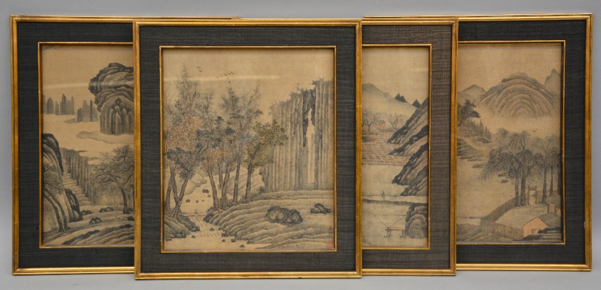 A series of four Chinese watercolours on textile, 19thC, 37 x 31,5 cm