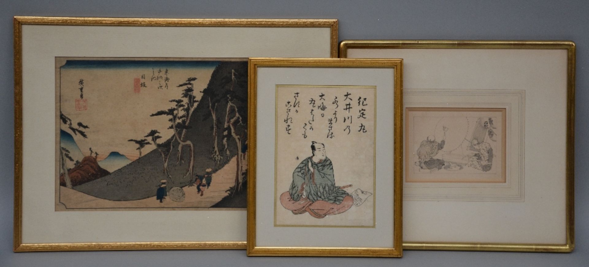 Two Japanese Ukiyo-e, Meiji period; added a black and white Ukiyo-e, late Meiji period, 13,5 x