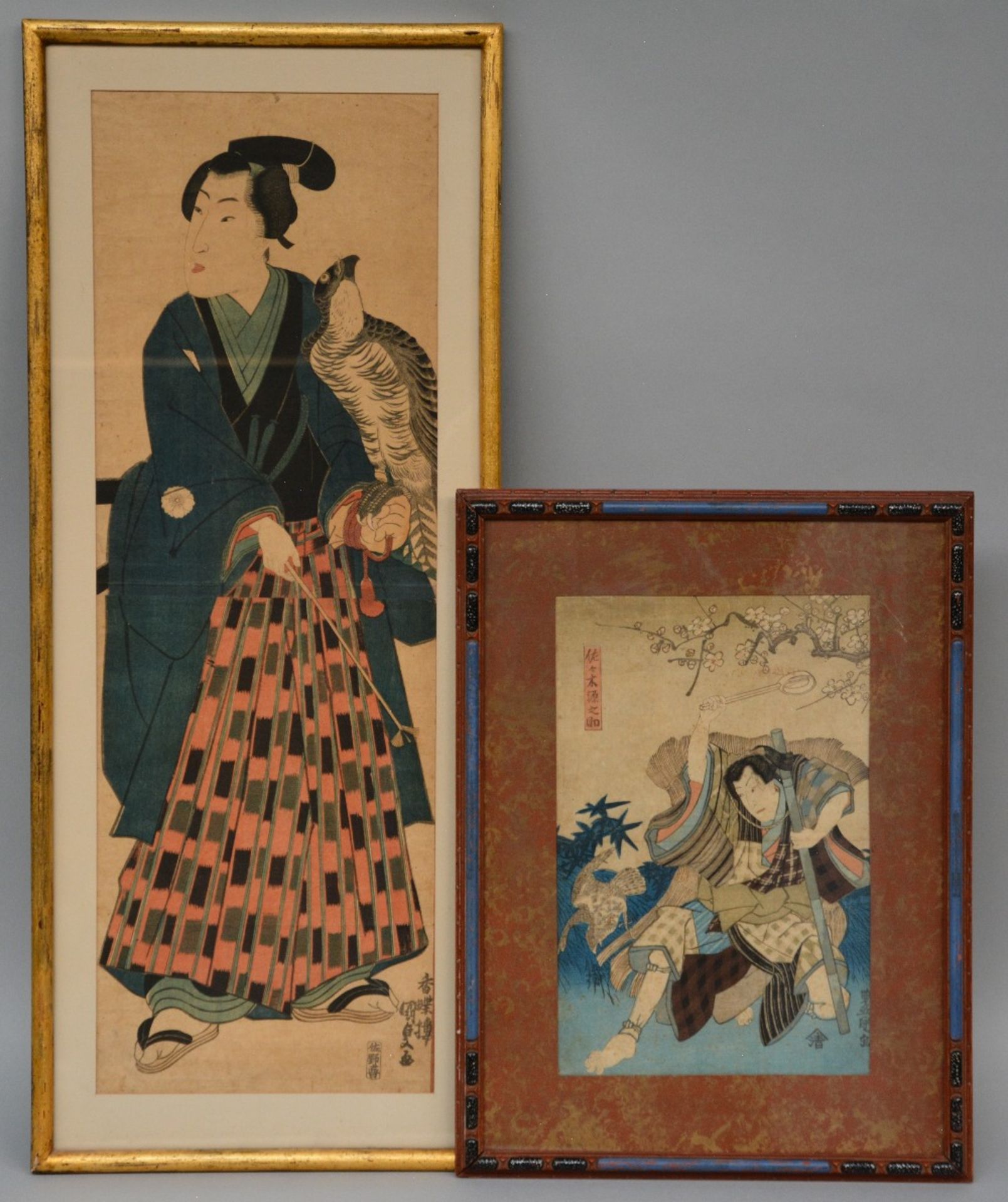 Two Japanese Ukiyo-e depicting Kabuki theater actors, early Meiji period, 23,5 x 70 / 22 x 33,5 cm