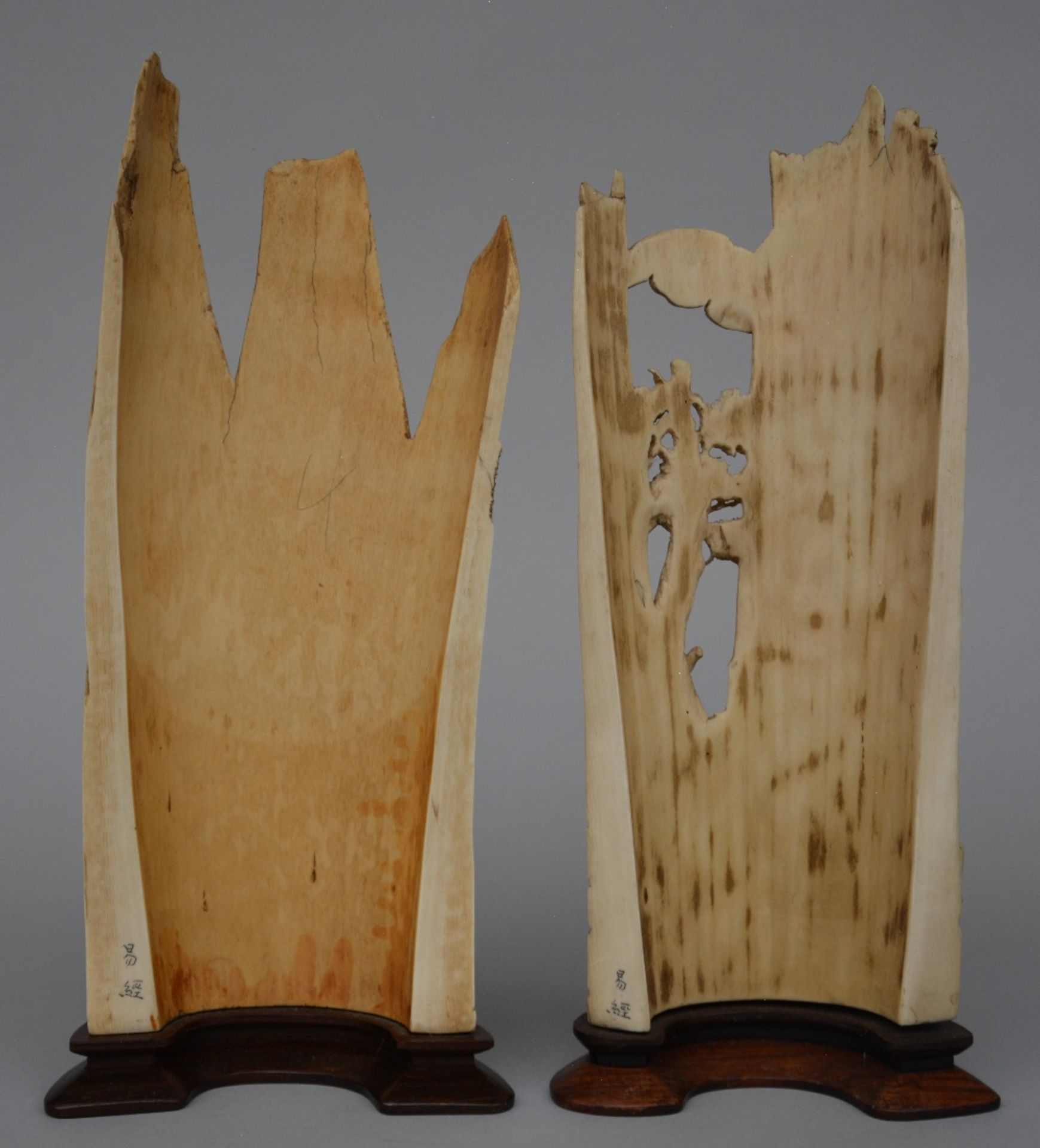 Two ivory plaques carved with animated scenes in a landscape, on a fixed wooden base, Republic - Bild 2 aus 2