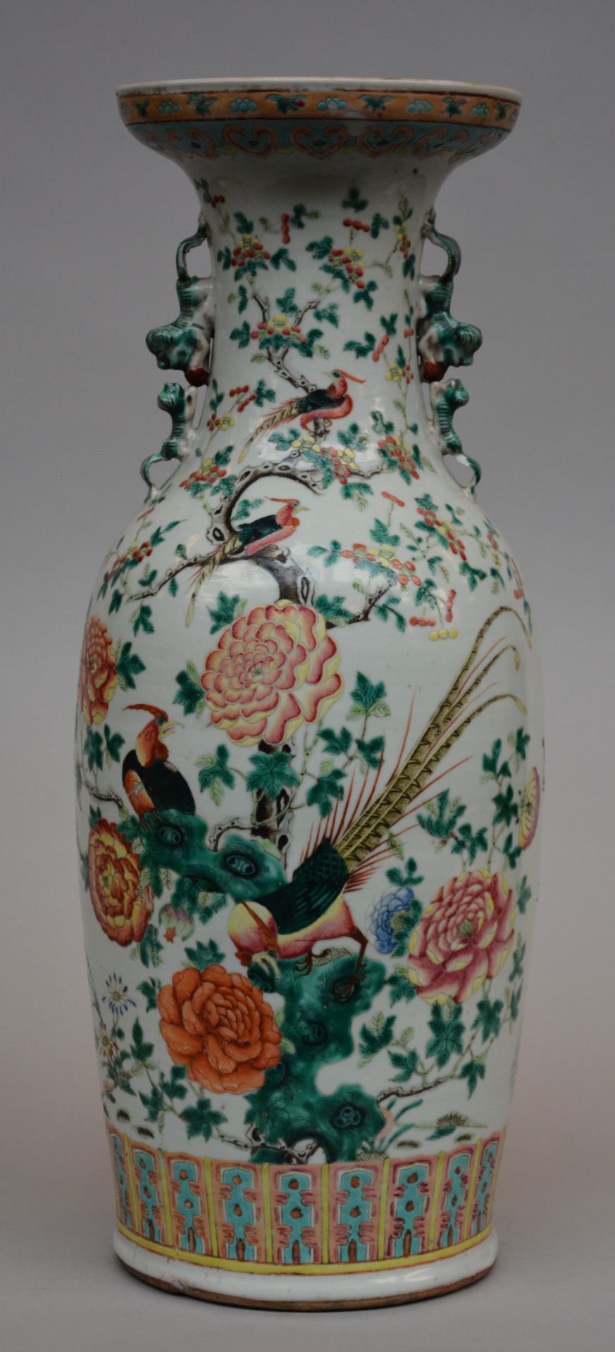 A Chinese polychrome vase, decorated with birds and flowers, 19thC, H 60,5 cm (damage on the - Bild 3 aus 6