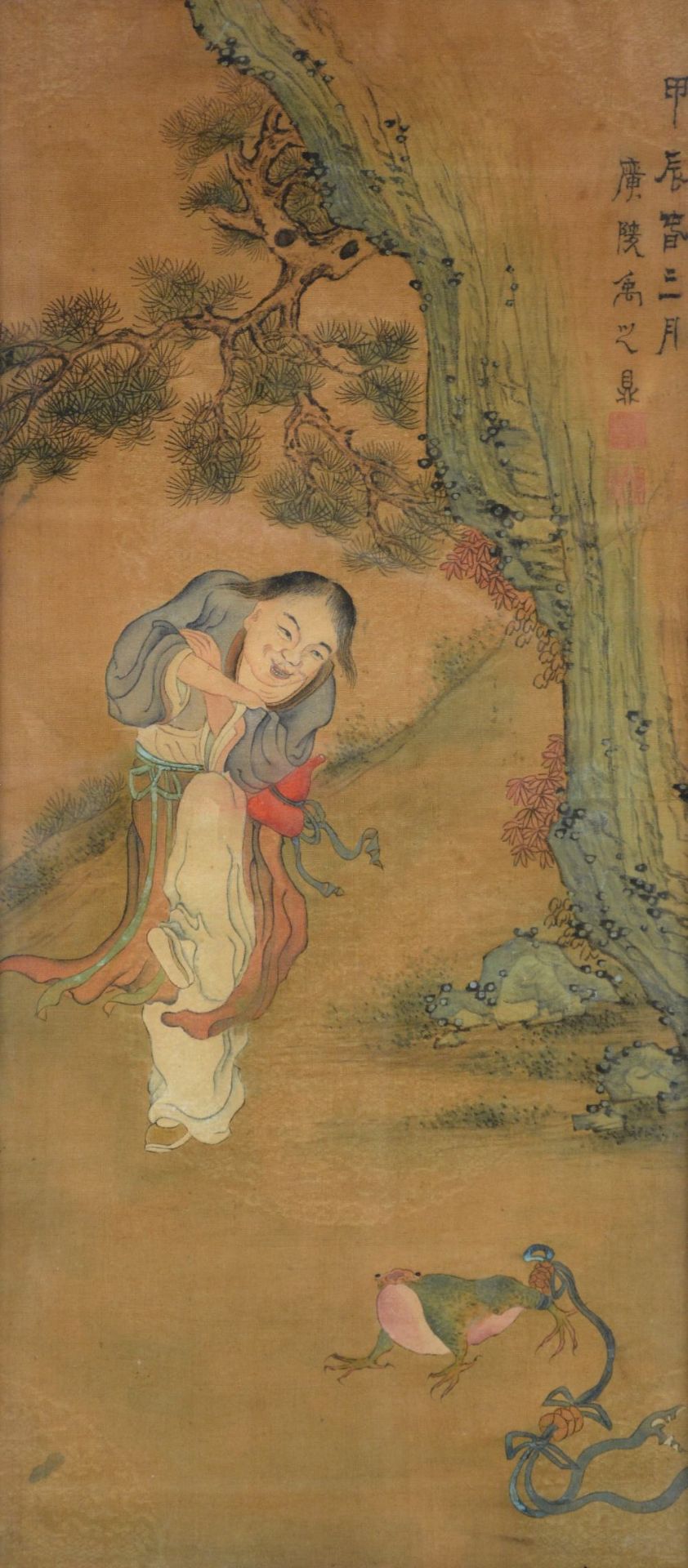 A Chinese watercolour on textile depicting a figure and a frog in a landscape, signed, ca. 1900,