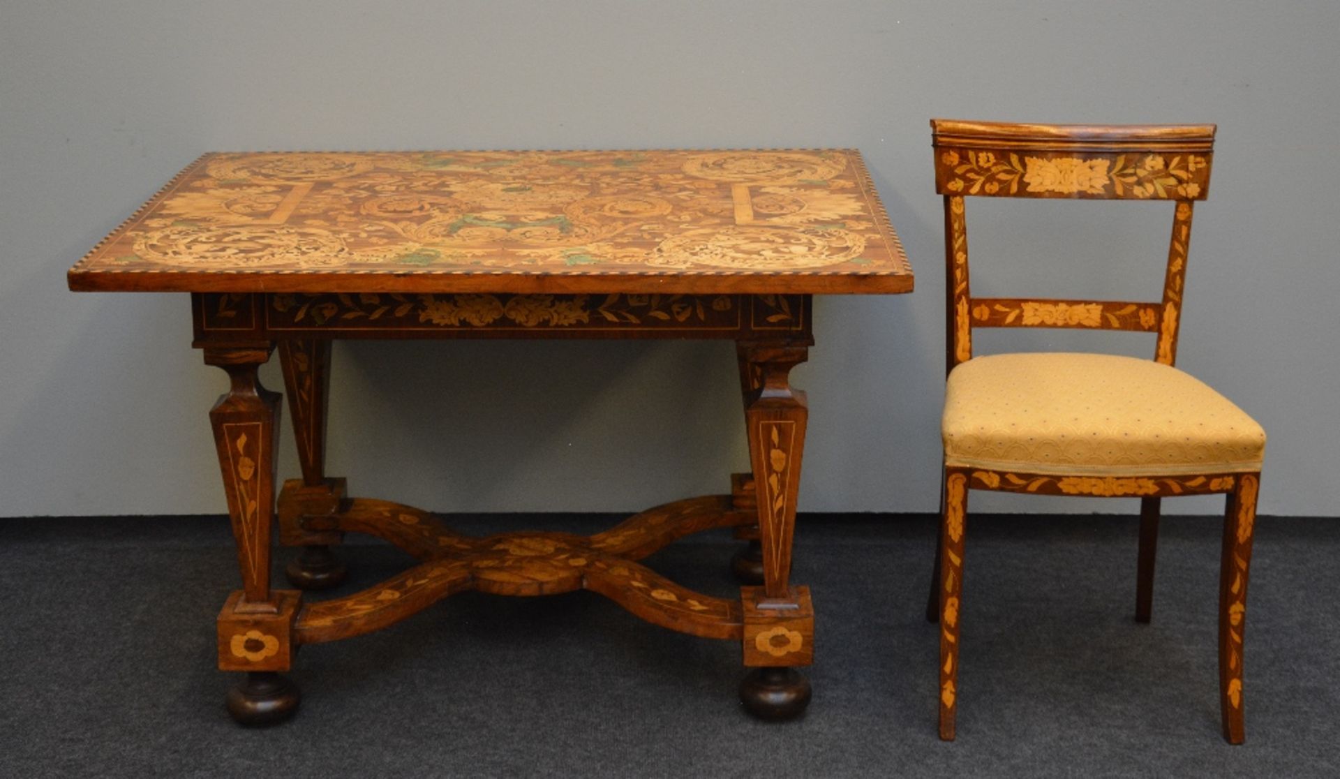 An exceptional LXIV-style Dutch writing desk with walnut veneer and marquetry, early 18thC; added