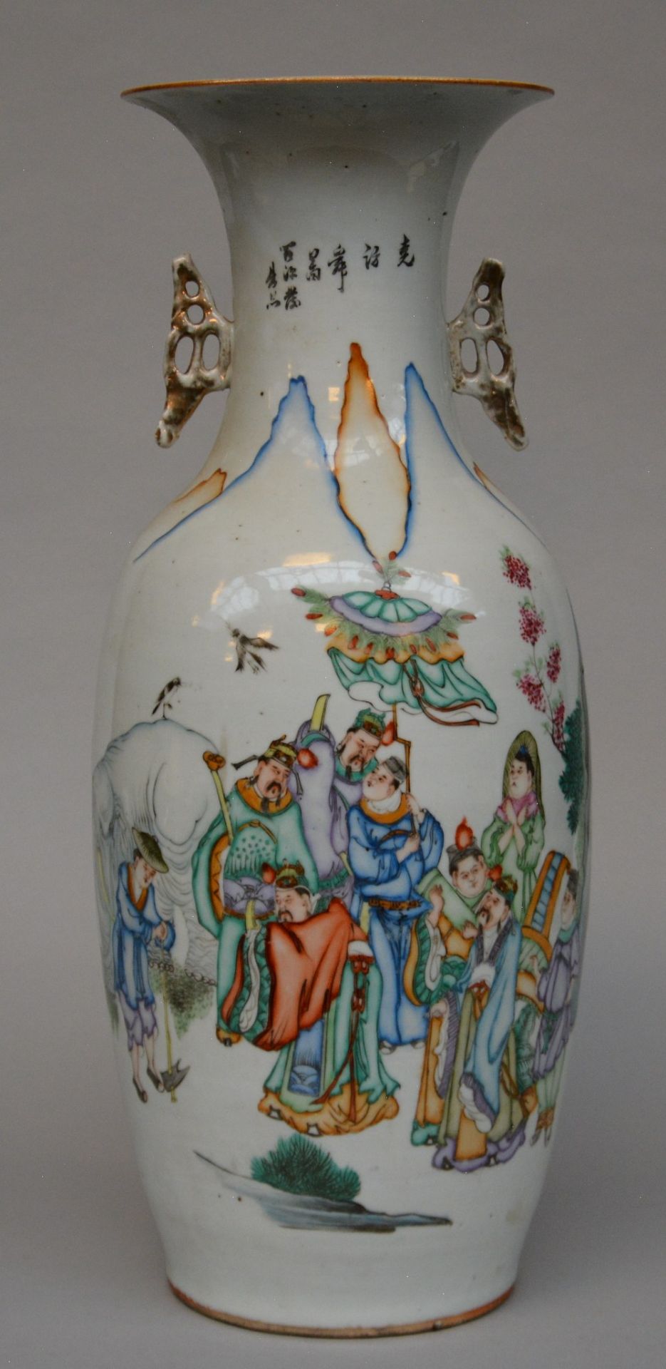 A Chinese polychrome decorated vase depicting genre scenes, H 57 cm (chips on the rim)