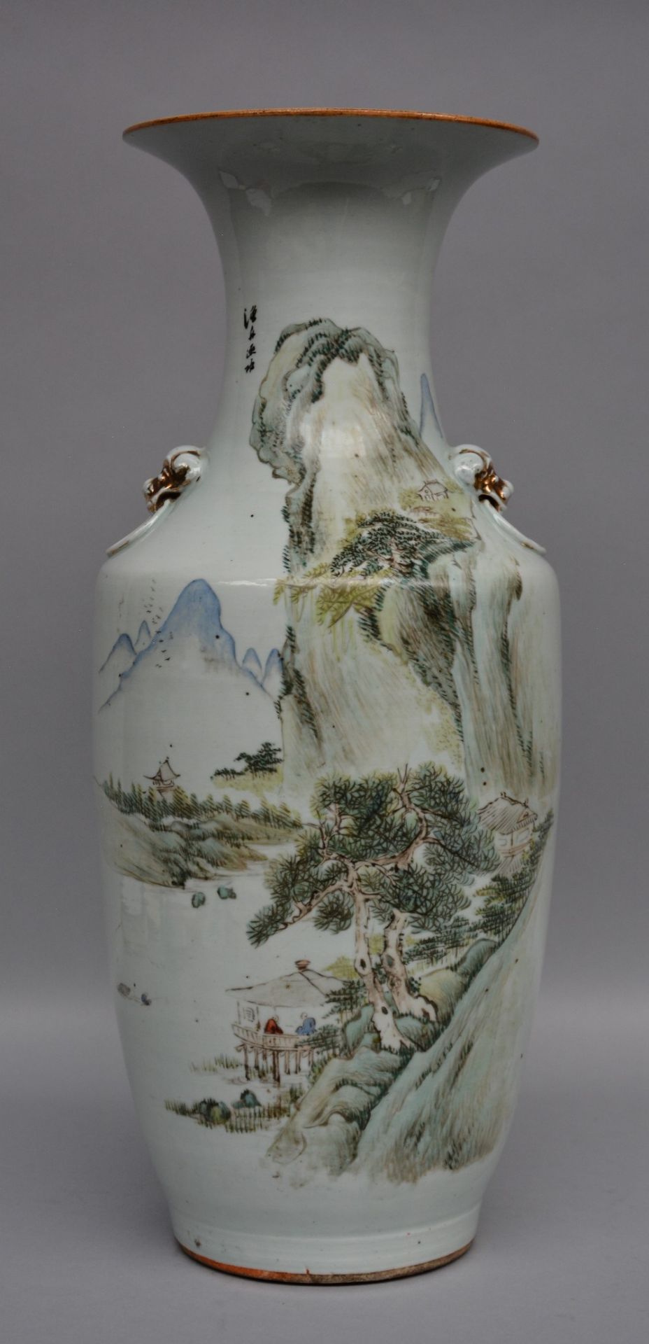 A Chinese polychrome vase, decorated with a mountain landscape, marked, 19thC, H 56 cm