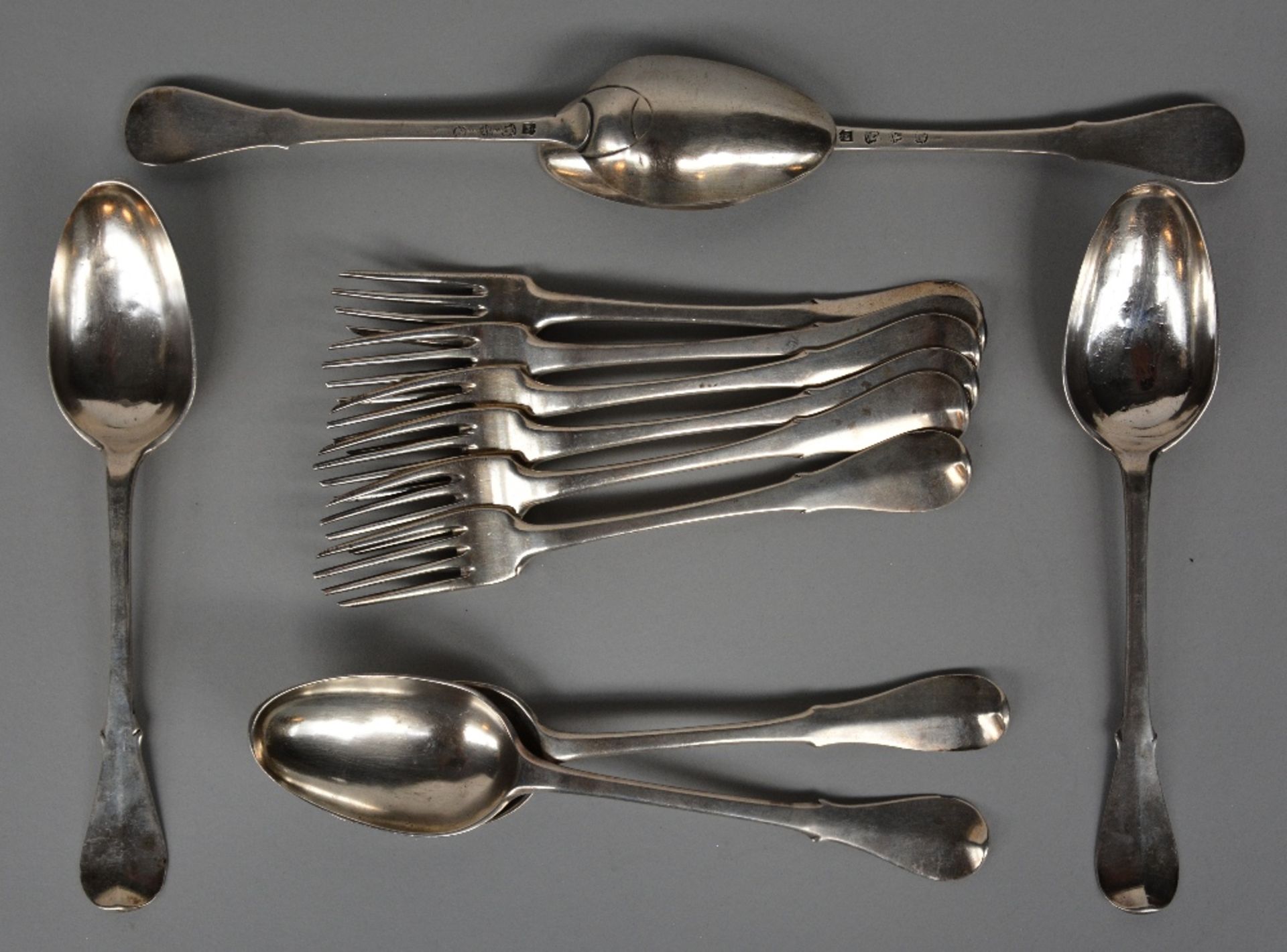 A six-piece silver cutlery set, Bruges (17)79, makers' mark Joseph Jacquehart (Stuyck 1440) (one
