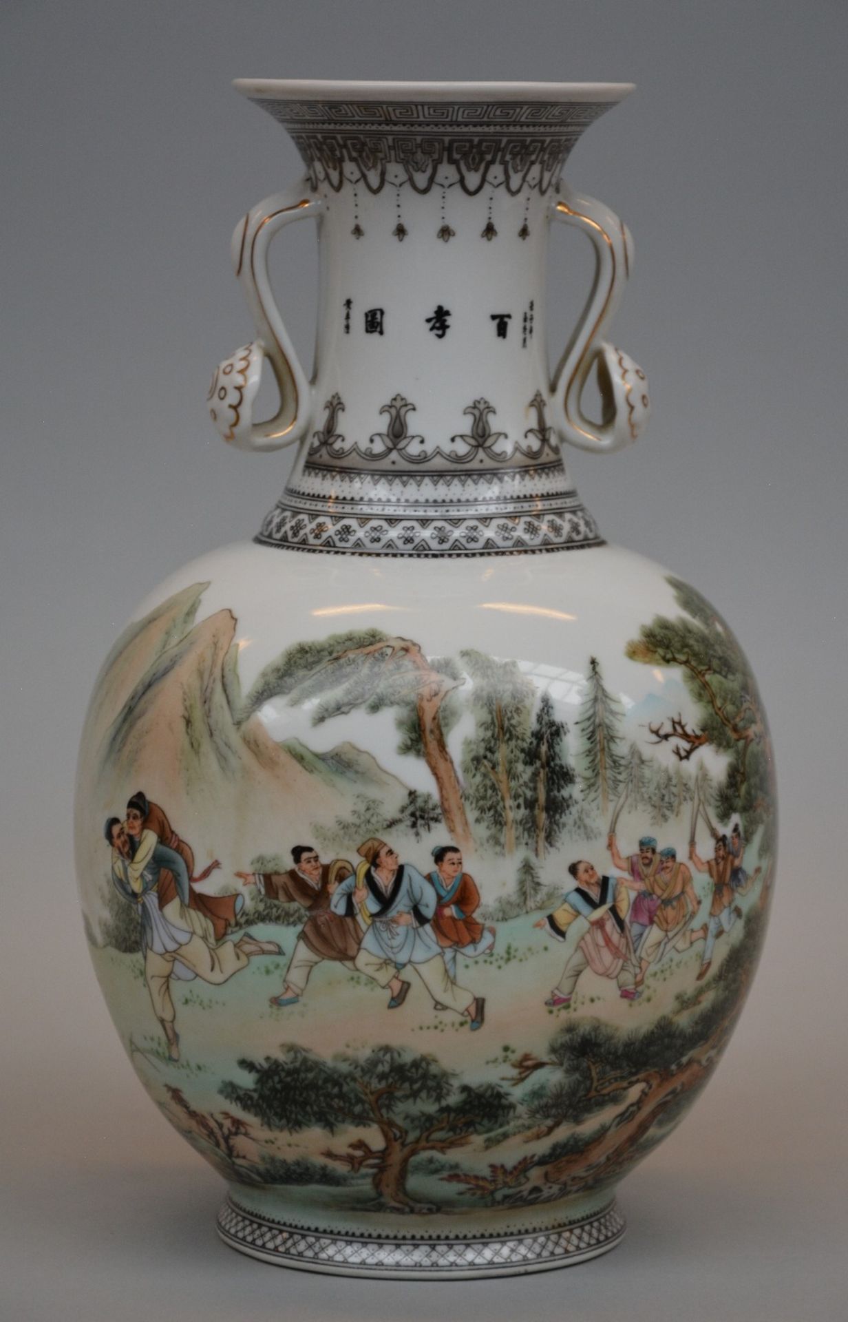A Chinese polychrome vase depicting one of the stories from The 24 Paragons of Filial Piety ("Er Shi