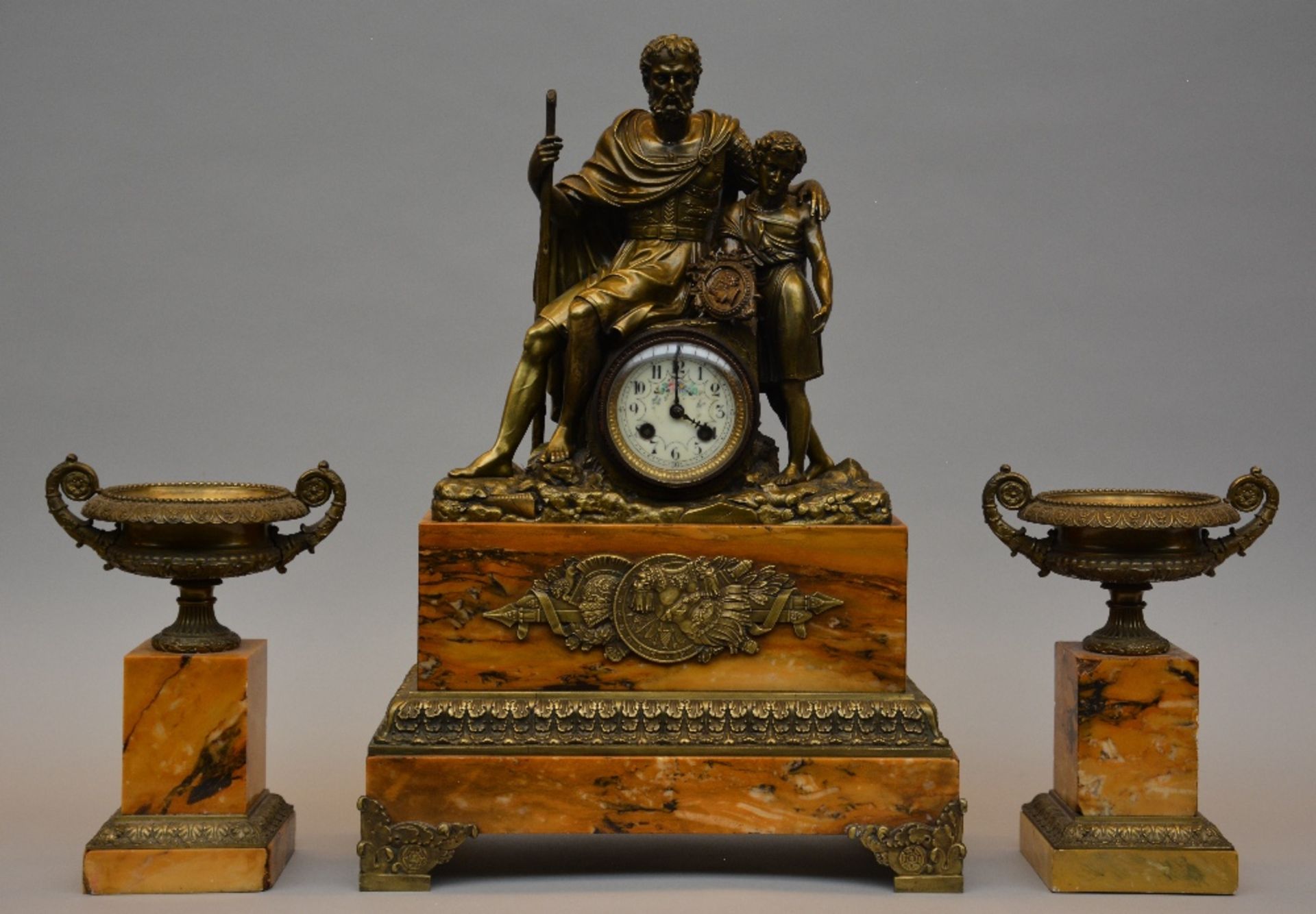 A 19thC Neo-classical gilt and marble garniture, modelled with the blind Oedipus guided by his