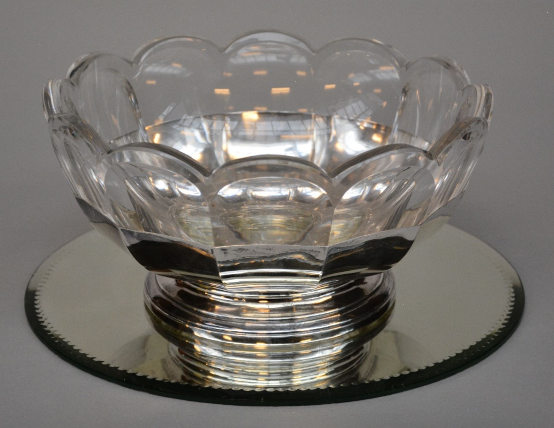 An exceptional Art Deco plate in cut crystal (probably V.S.L) with silver mount, 950/000, makers'