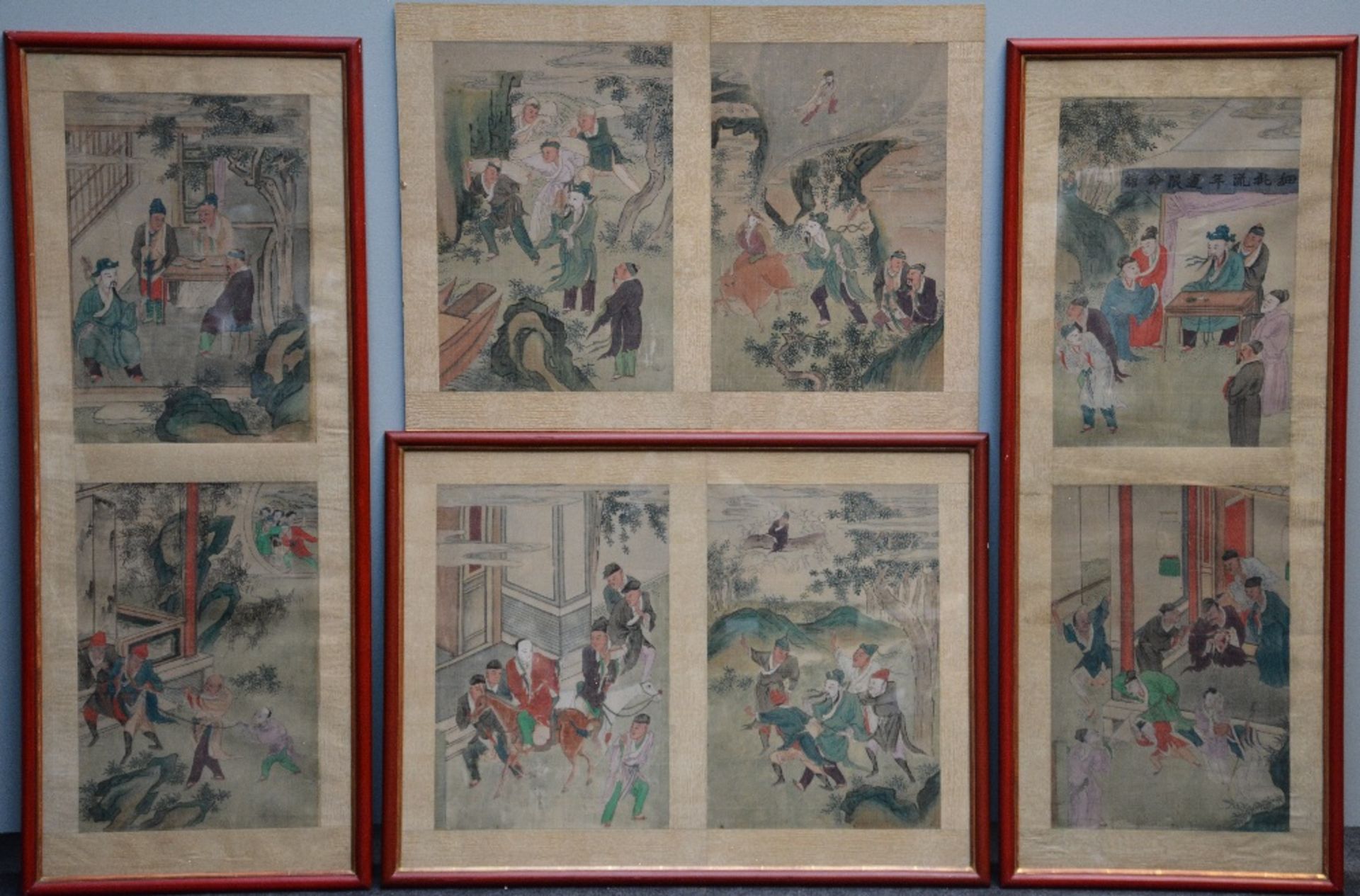 Four Chinese watercolours on textile depicting animated scenes from daily life, 19thC, 35,5 x 52,5 -