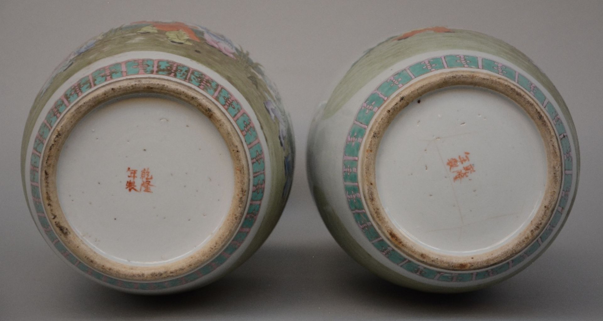 A pair of Chinese polychrome decorated vases depicting children playing in a garden, marked, - Bild 6 aus 7