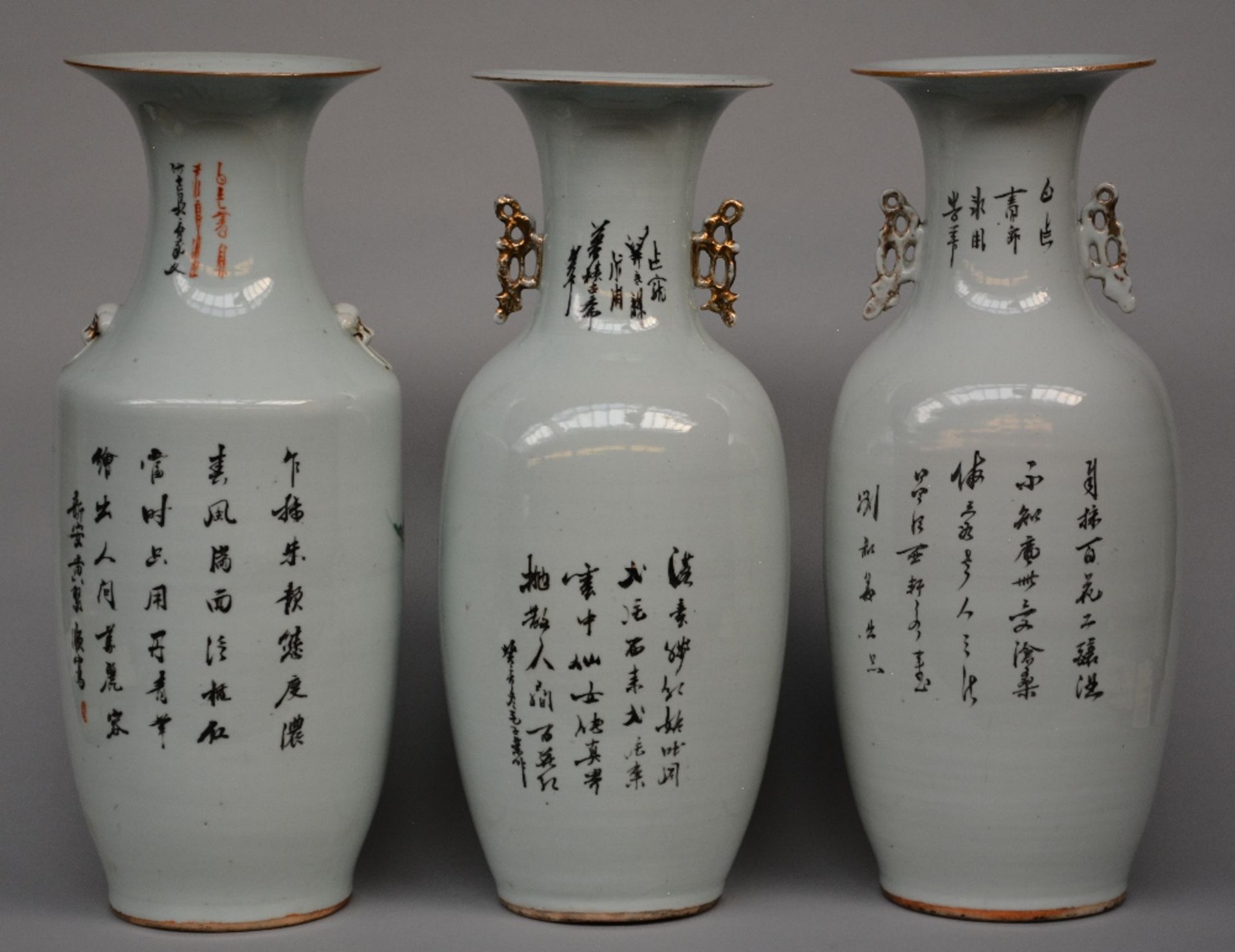 Three Chinese polychrome vases, decorated with genre scenes, H 58 - 57 cm - Bild 3 aus 6