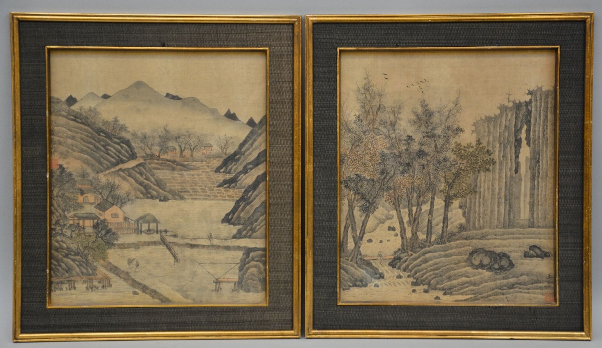 A series of four Chinese watercolours on textile, 19thC, 37 x 31,5 cm - Image 6 of 9