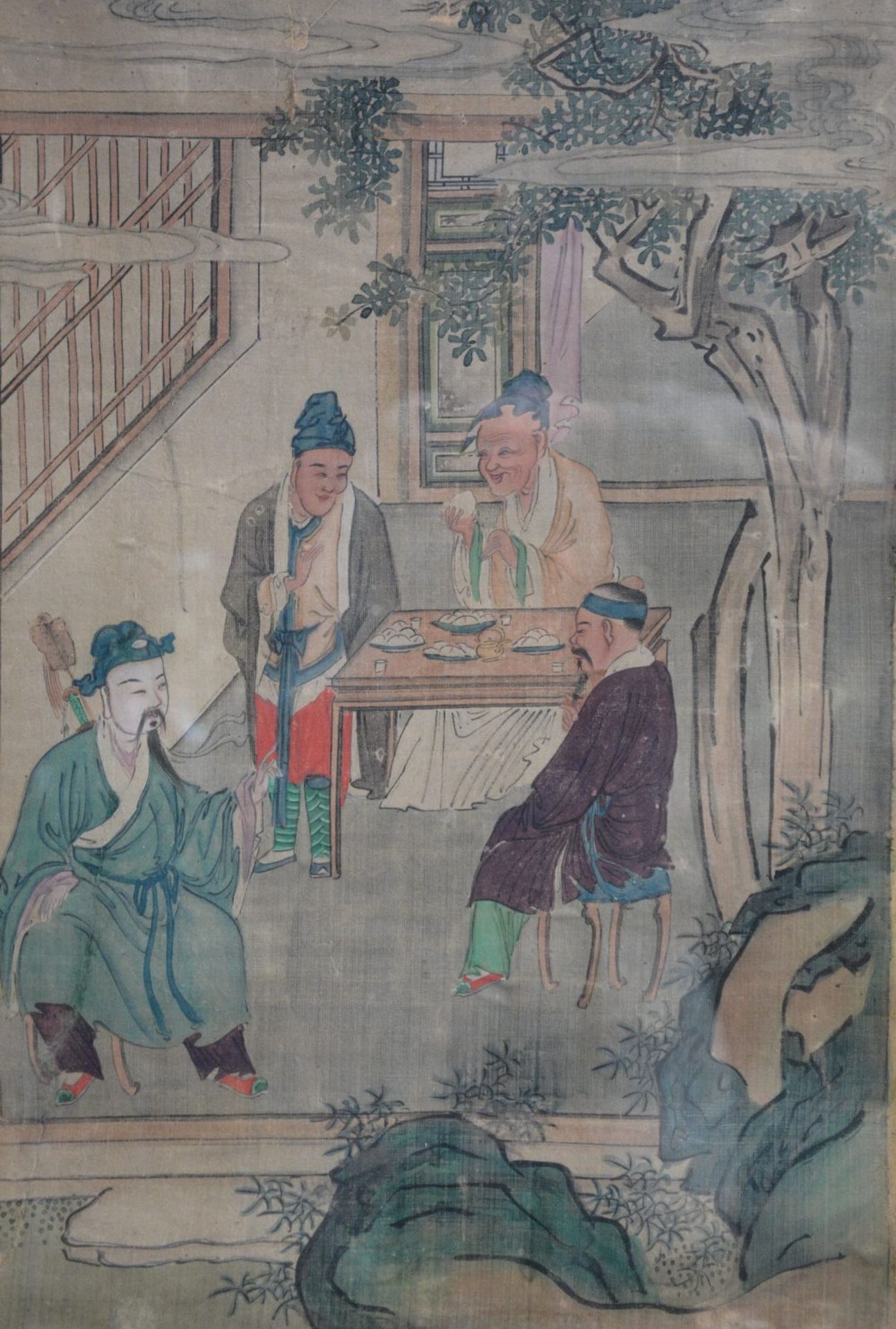 Four Chinese watercolours on textile depicting animated scenes from daily life, 19thC, 35,5 x 52,5 - - Image 2 of 5