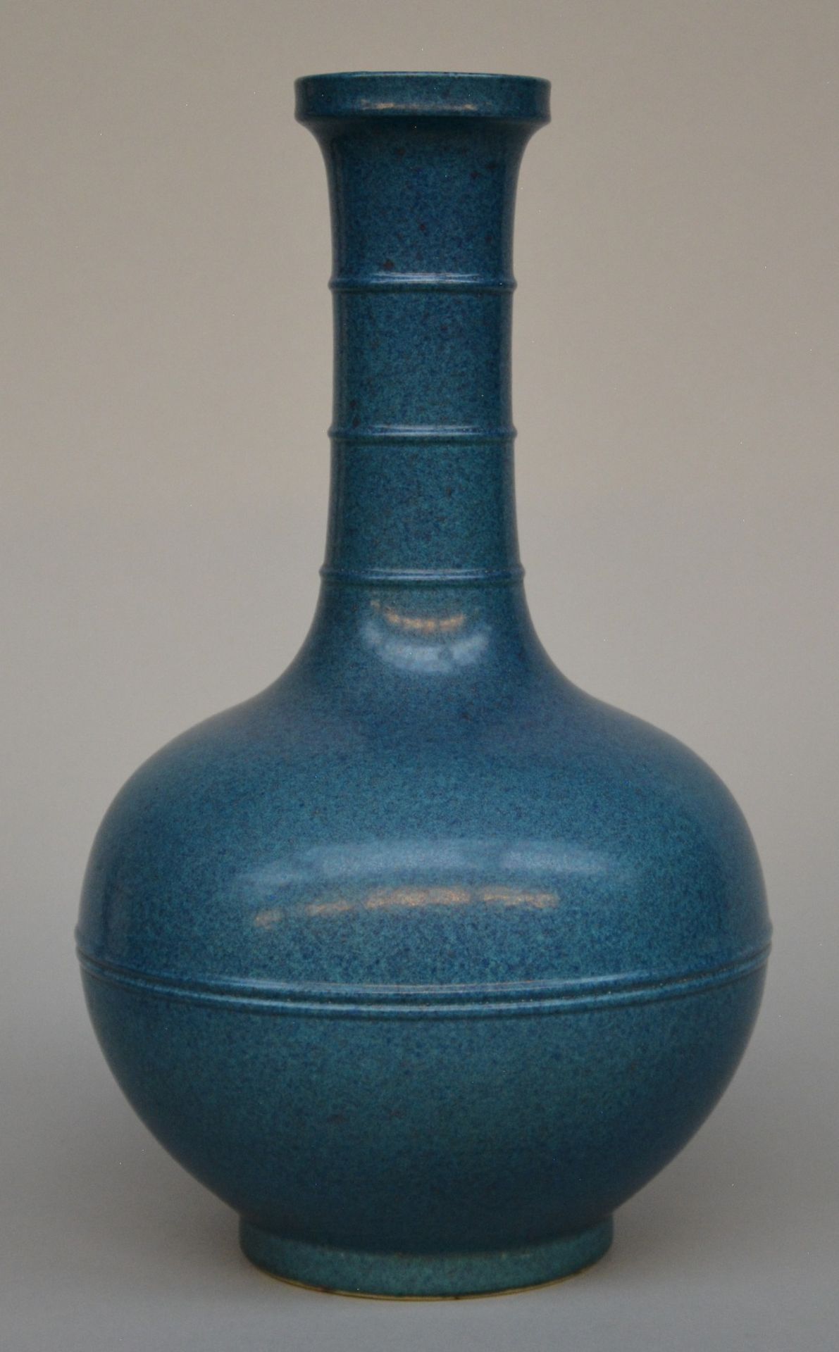 A 19thC Chinese powder blue bottle vase with relief decoration, H 38 cm