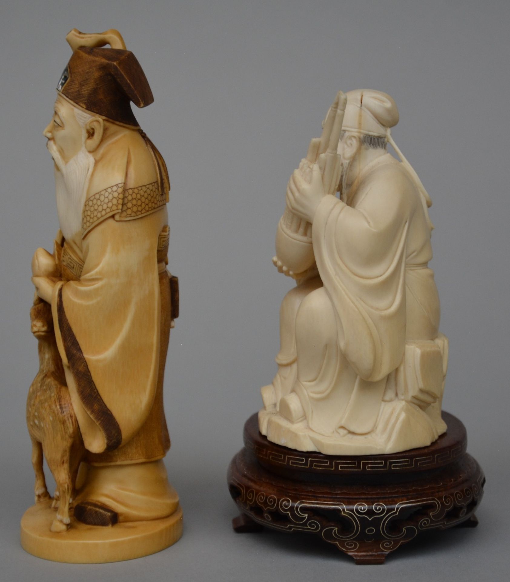A Japanese ivory sculpture of the Old Man of the South Pole, scrimshaw decorated and tinted, late - Image 2 of 6