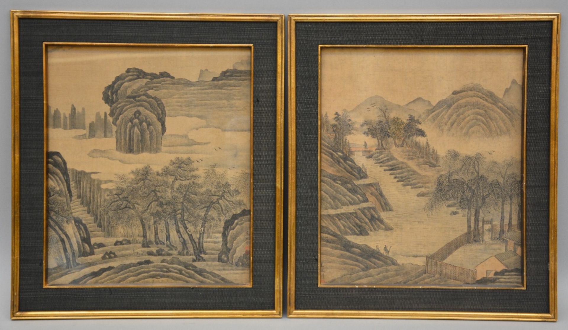 A series of four Chinese watercolours on textile, 19thC, 37 x 31,5 cm - Image 2 of 9