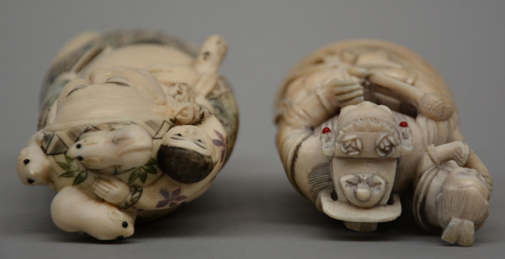 A Japanese ivory sculpture of a mythological figure, scrimshaw decorated, late Meiji period, H 16, - Image 5 of 6