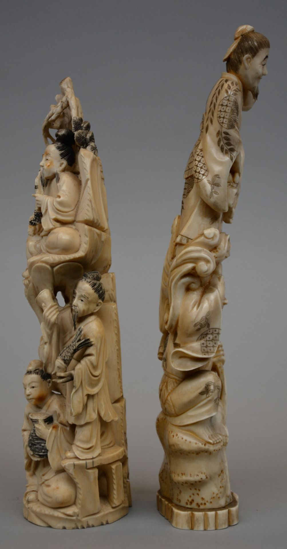 A Japanese ivory okimono depicting two mythical characters, scrimshaw decorated, Meiji period, H - Image 4 of 6