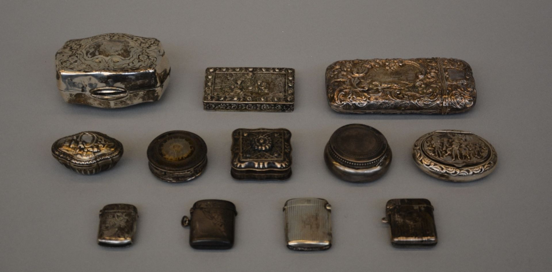 Various Pyrogen match strikers, snuff bottles, pill boxes etc. in English and Continental silver,